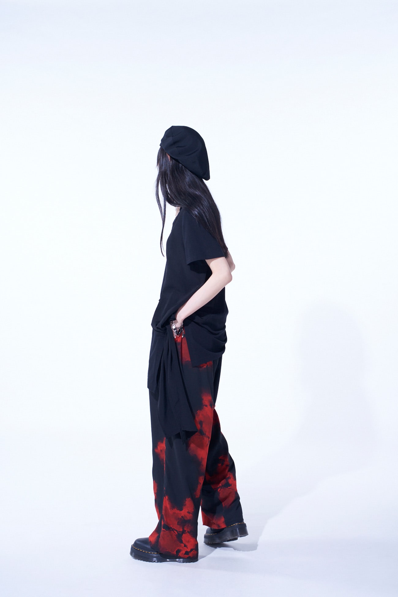 SOFT JERSEY+CREPE de CHINE POCKET SIDE SLIT KNOT T-SHIRT