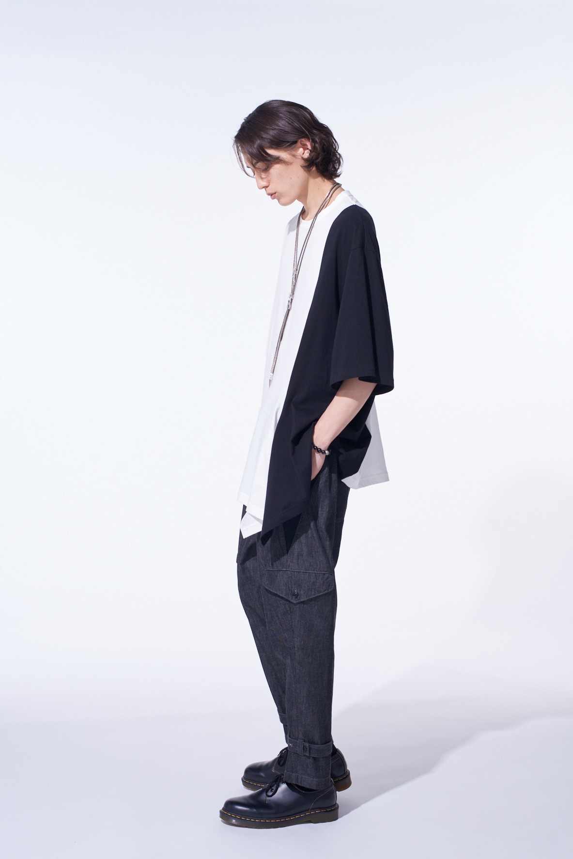 COTTON JERSEY FABRIC SWITCH H/S DRAPED T-SHIRT