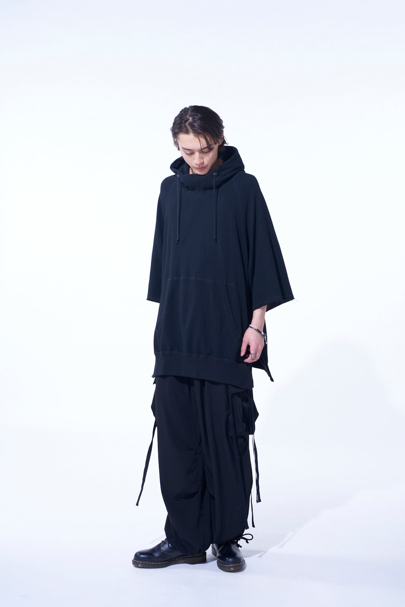 COTTON GAUZE SHORT-SLEEVED BIG HOODIE WITH SIDE ZIPPERS
