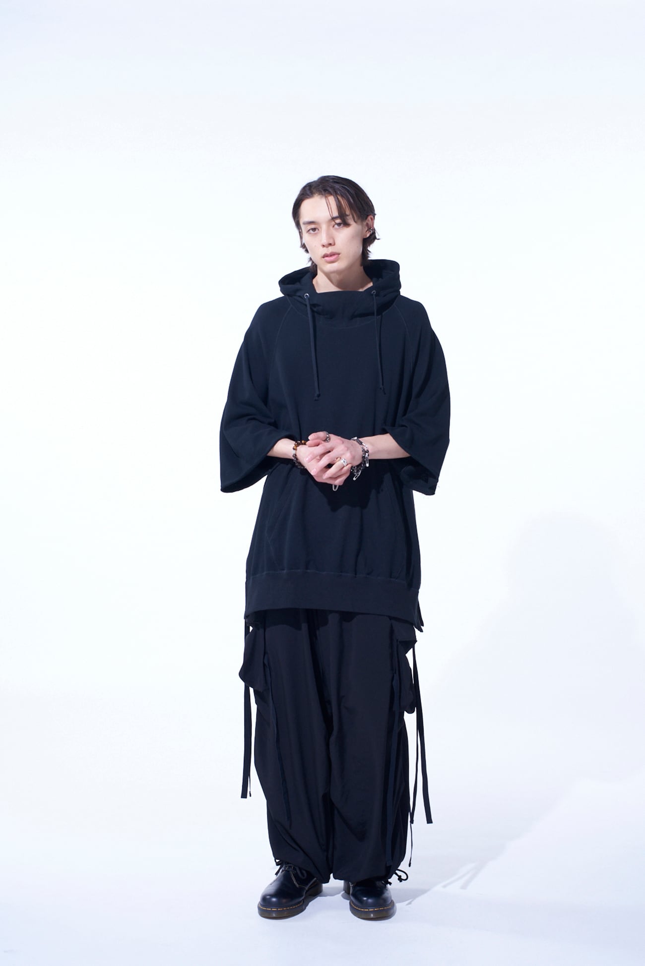 COTTON GAUZE SHORT-SLEEVED BIG HOODIE WITH SIDE ZIPPERS