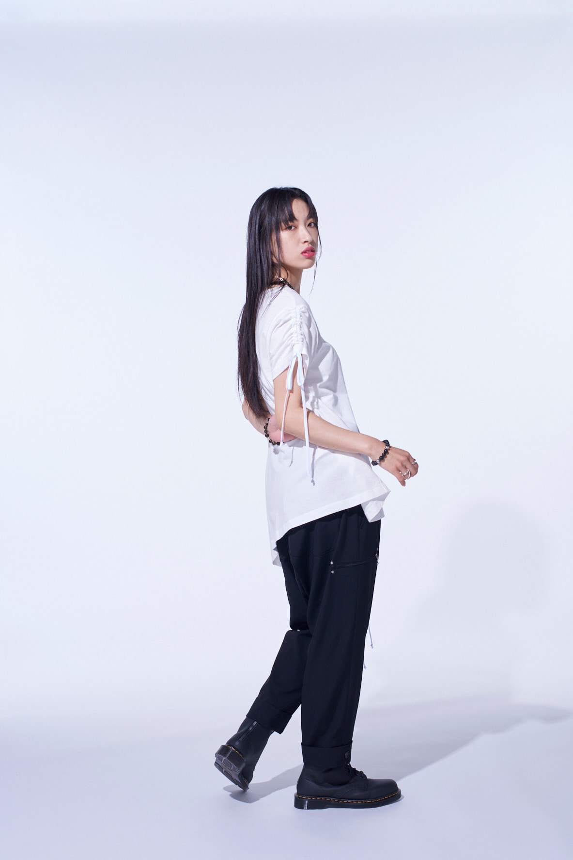 SOFT JERSEY ASYMMETRICAL T-SHIRT WITH GATHERED STRINGS