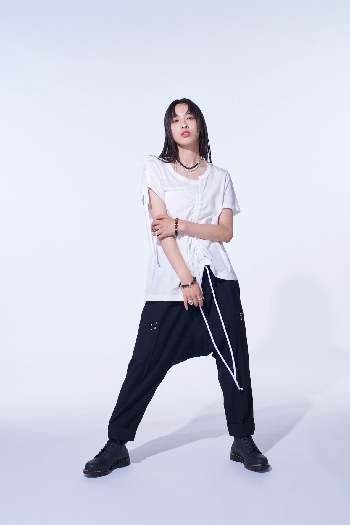 SOFT JERSEY ASYMMETRICAL T-SHIRT WITH GATHERED STRINGS