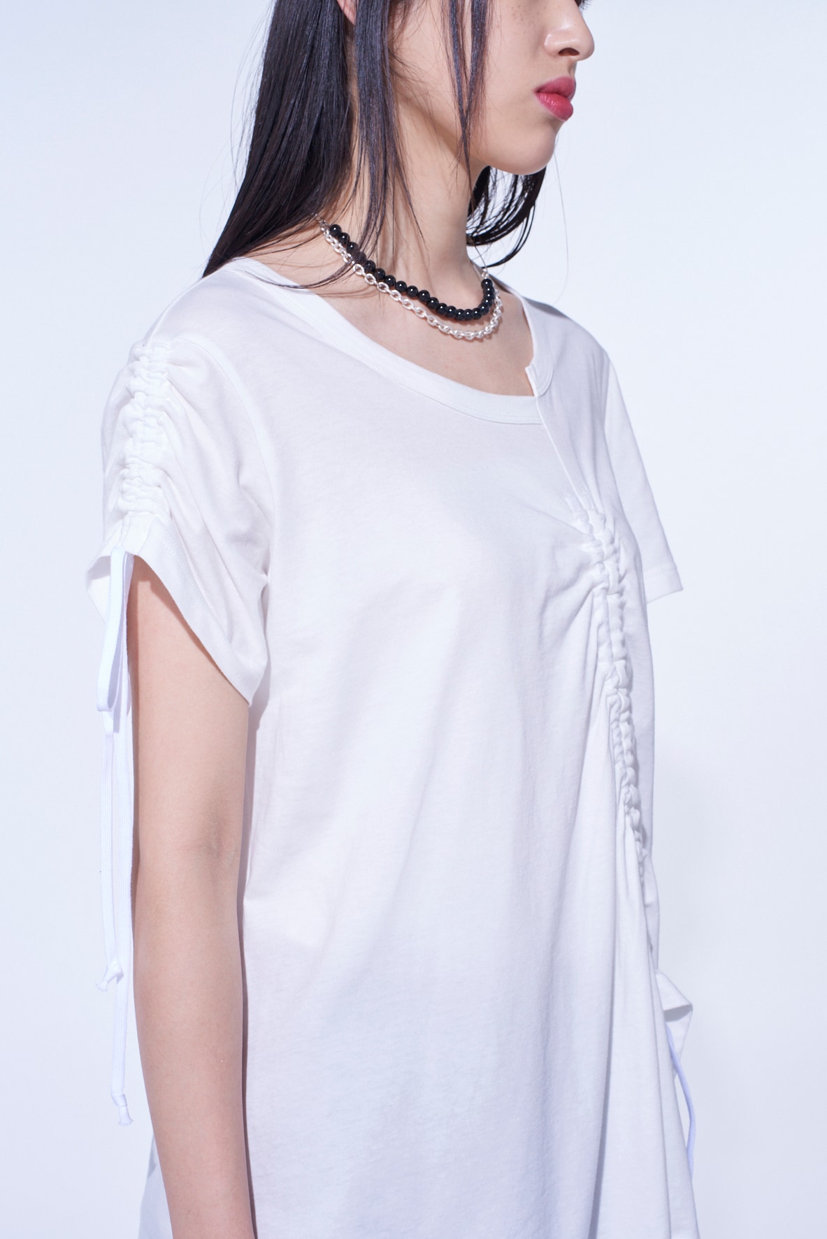 SOFT JERSEY ASYMMETRICAL T-SHIRT WITH GATHERED STRINGS