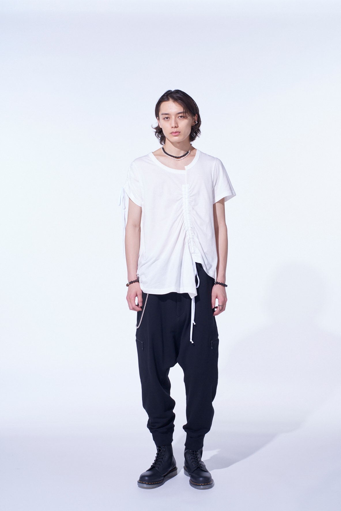SOFT JERSEY ASYMMETRICAL T-SHIRT WITH GATHERED STRINGS