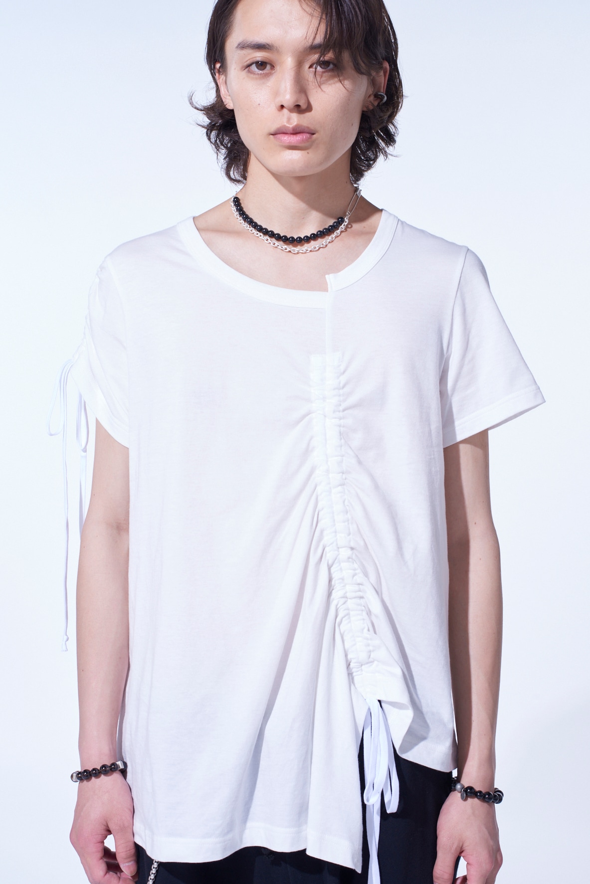 SOFT JERSEY ASYMMETRICAL T-SHIRT WITH GATHERED STRINGS