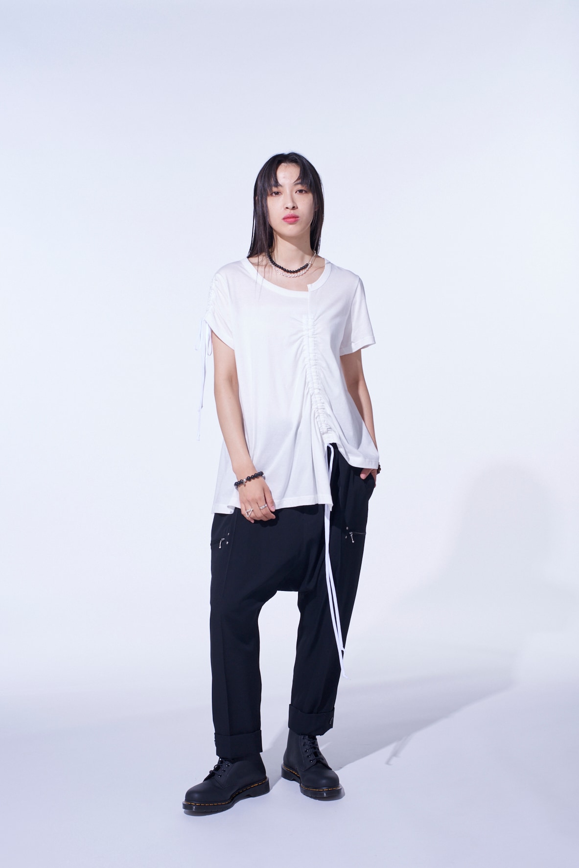 SOFT JERSEY ASYMMETRICAL T-SHIRT WITH GATHERED STRINGS