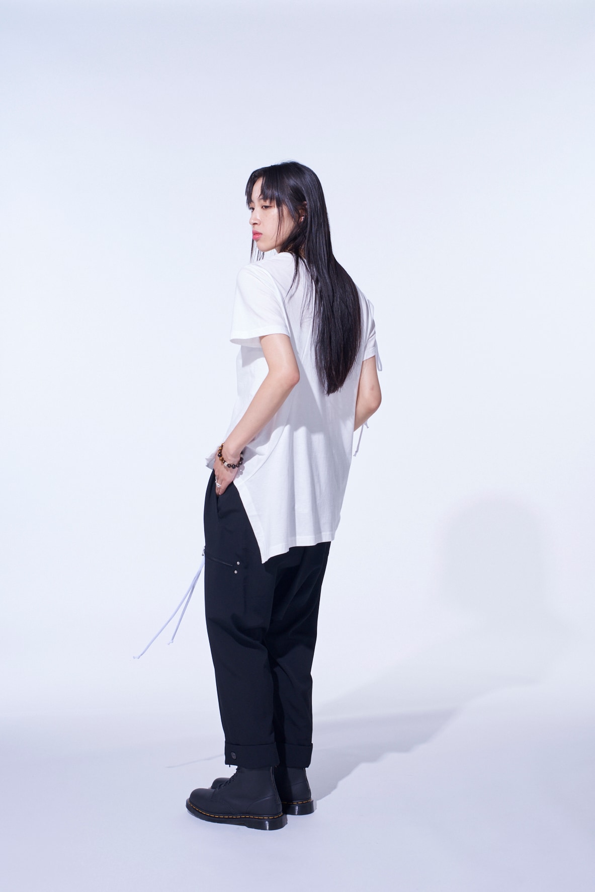 SOFT JERSEY ASYMMETRICAL T-SHIRT WITH GATHERED STRINGS