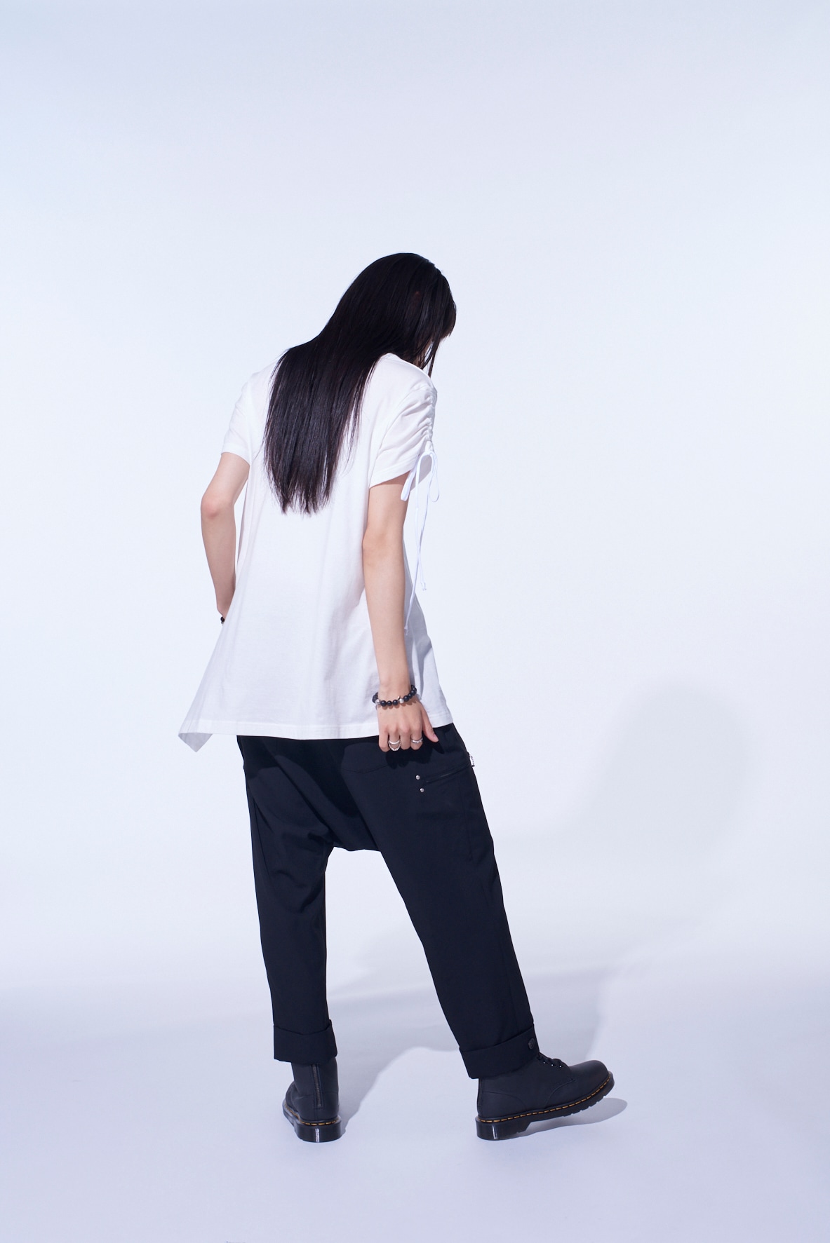 SOFT JERSEY ASYMMETRICAL T-SHIRT WITH GATHERED STRINGS