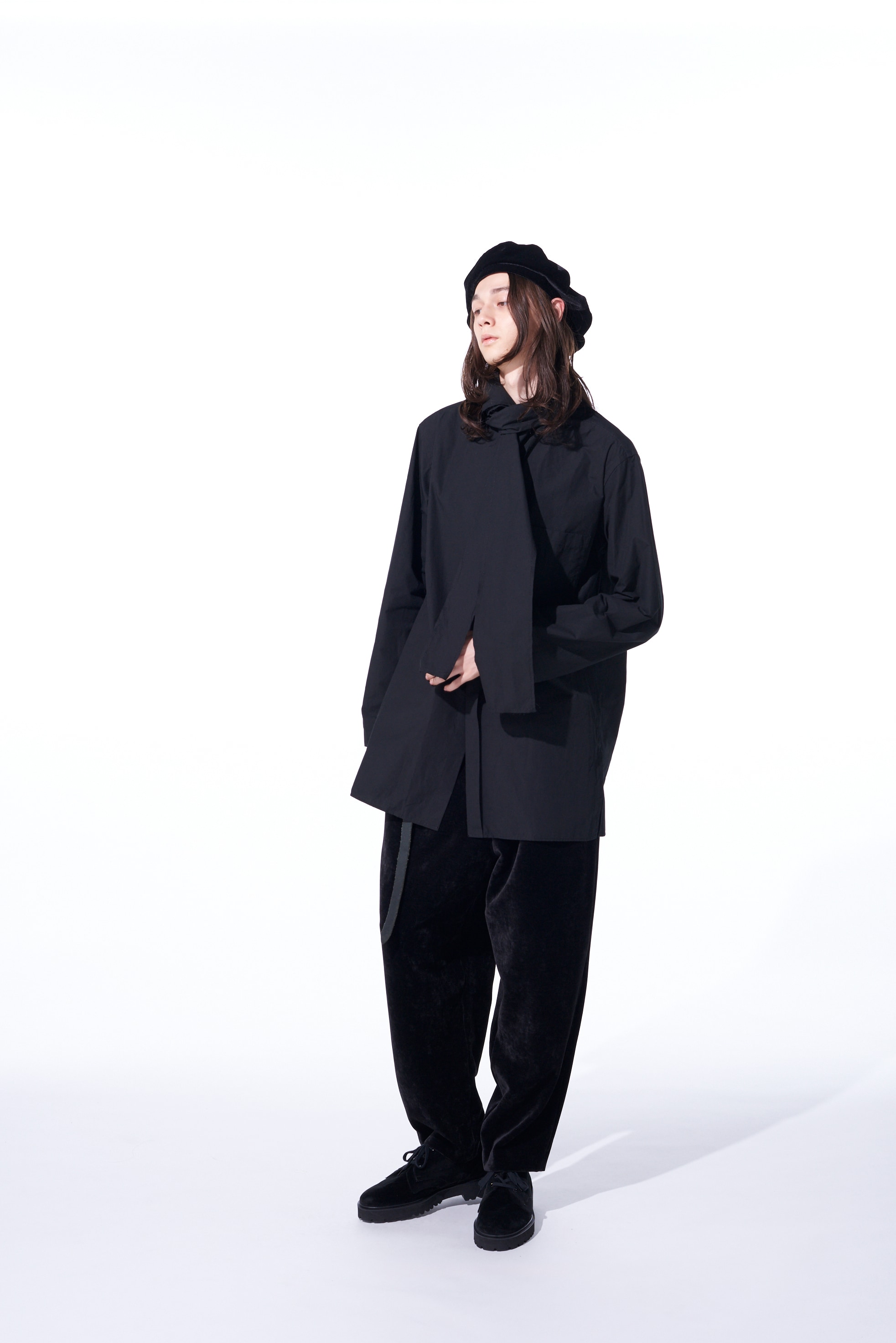 COTTON/LINEN WASHER TYPEWRITER  ASYMMETRICAL STOLE COLLAR SHIRT