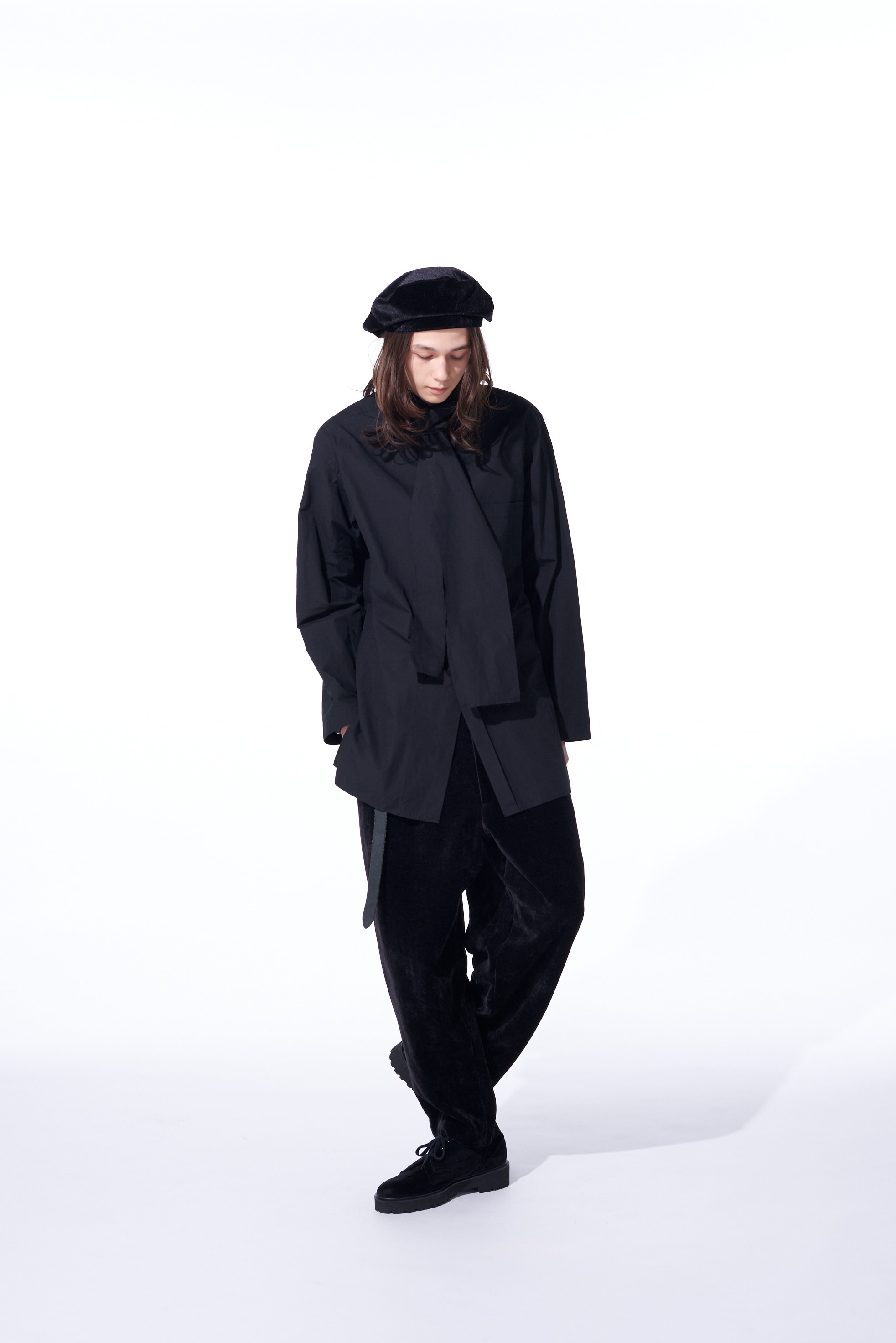 COTTON/LINEN WASHER TYPEWRITER  ASYMMETRICAL STOLE COLLAR SHIRT