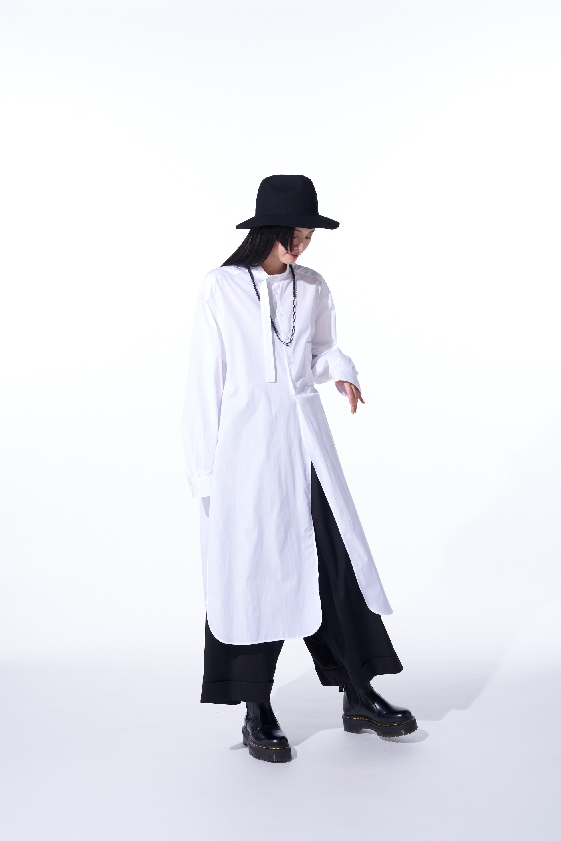 COTTON BROAD CLOTH STAND COLLAR LONG SHIRT WITH ROUNDED HEM(M ...