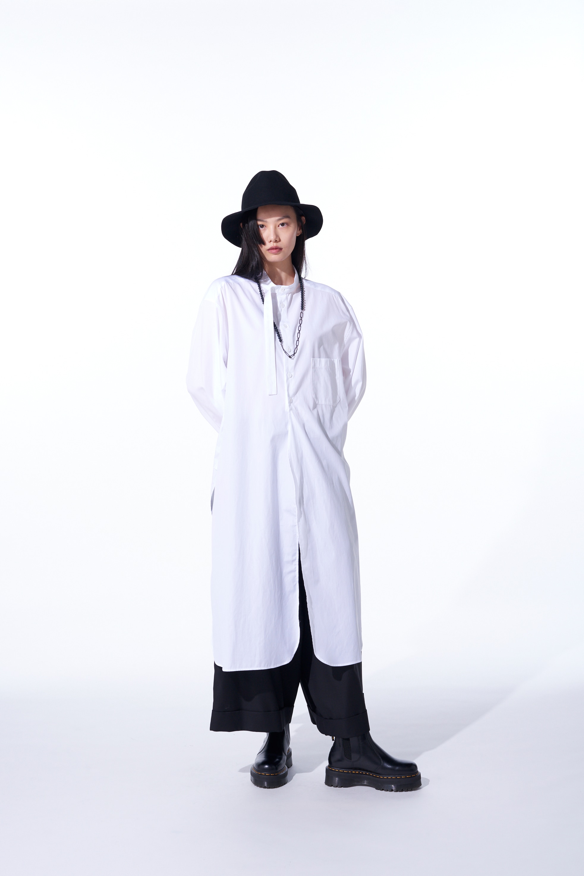 COTTON BROAD CLOTH STAND COLLAR LONG SHIRT WITH ROUNDED HEM(M 