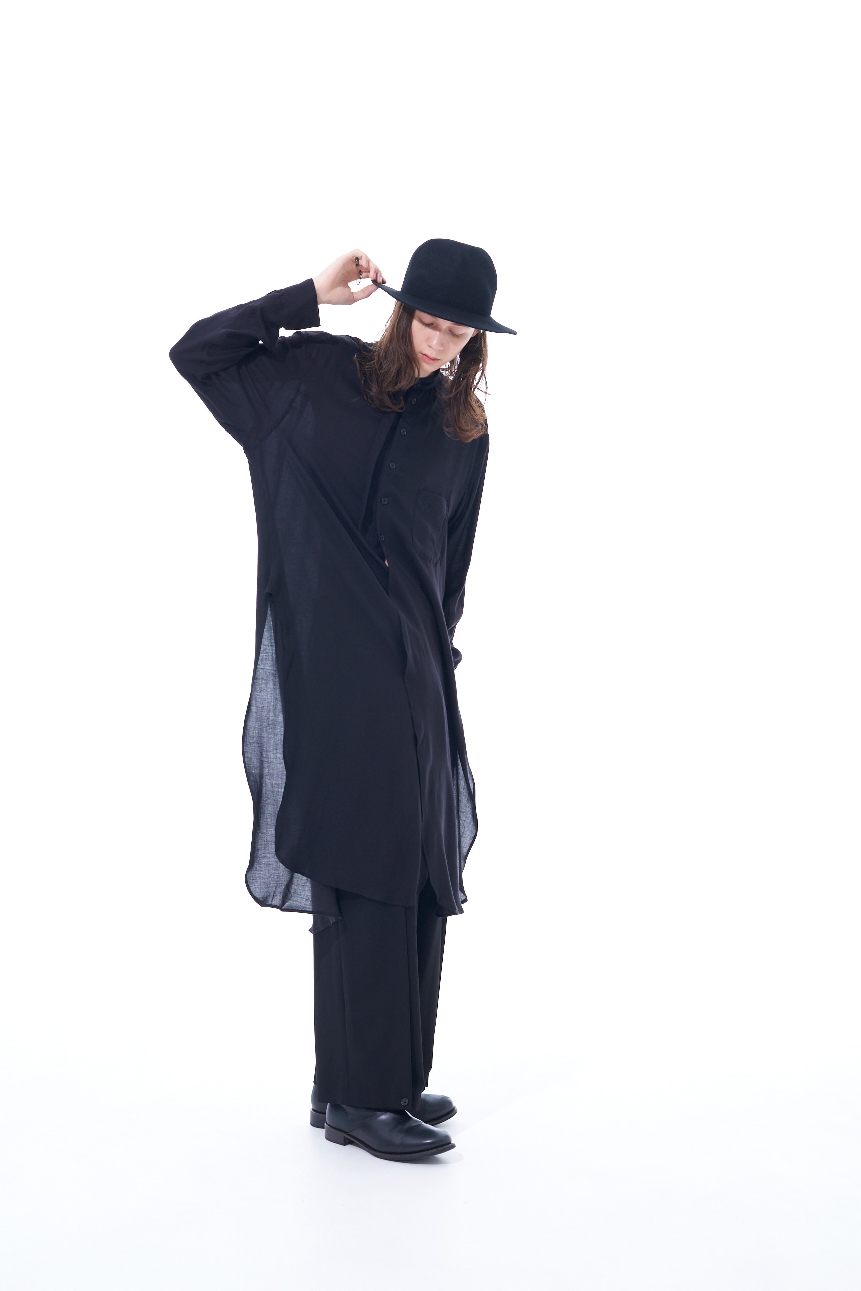 LYOCELL VIERA STAND COLLAR LONG SHIRT WITH ROUNDED HEM