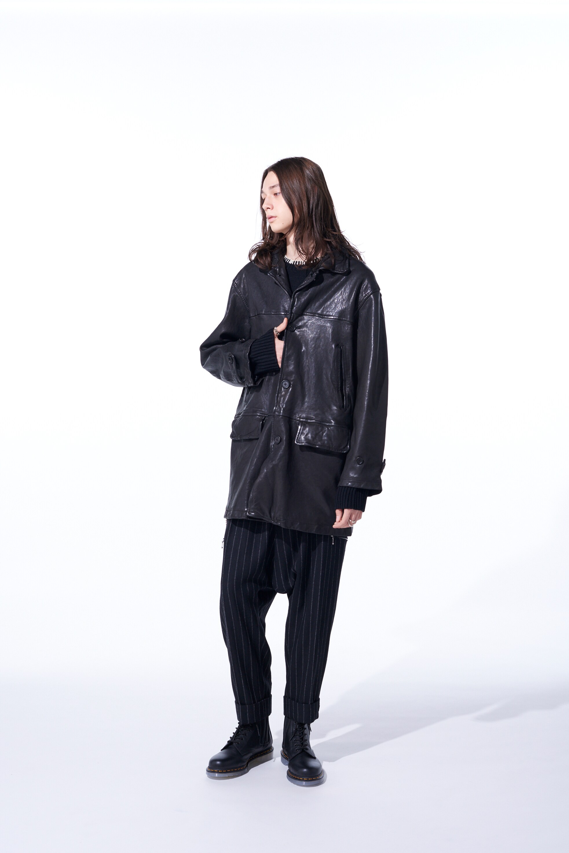 VEGETABLE TANNED AND WASHED SHEEP LEATHER CAR COAT(M Black): S'YTE