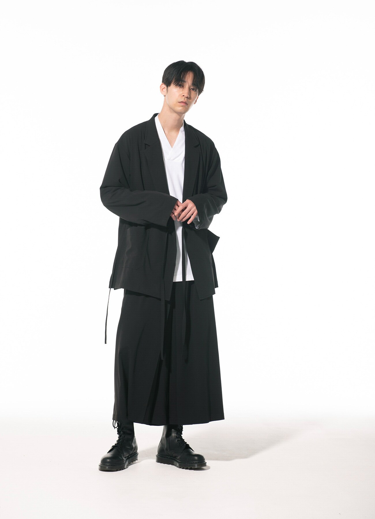 PE/RAYON GABARDINE STRETCH WRAP HAORI TAILORED JACKET(M Black): S