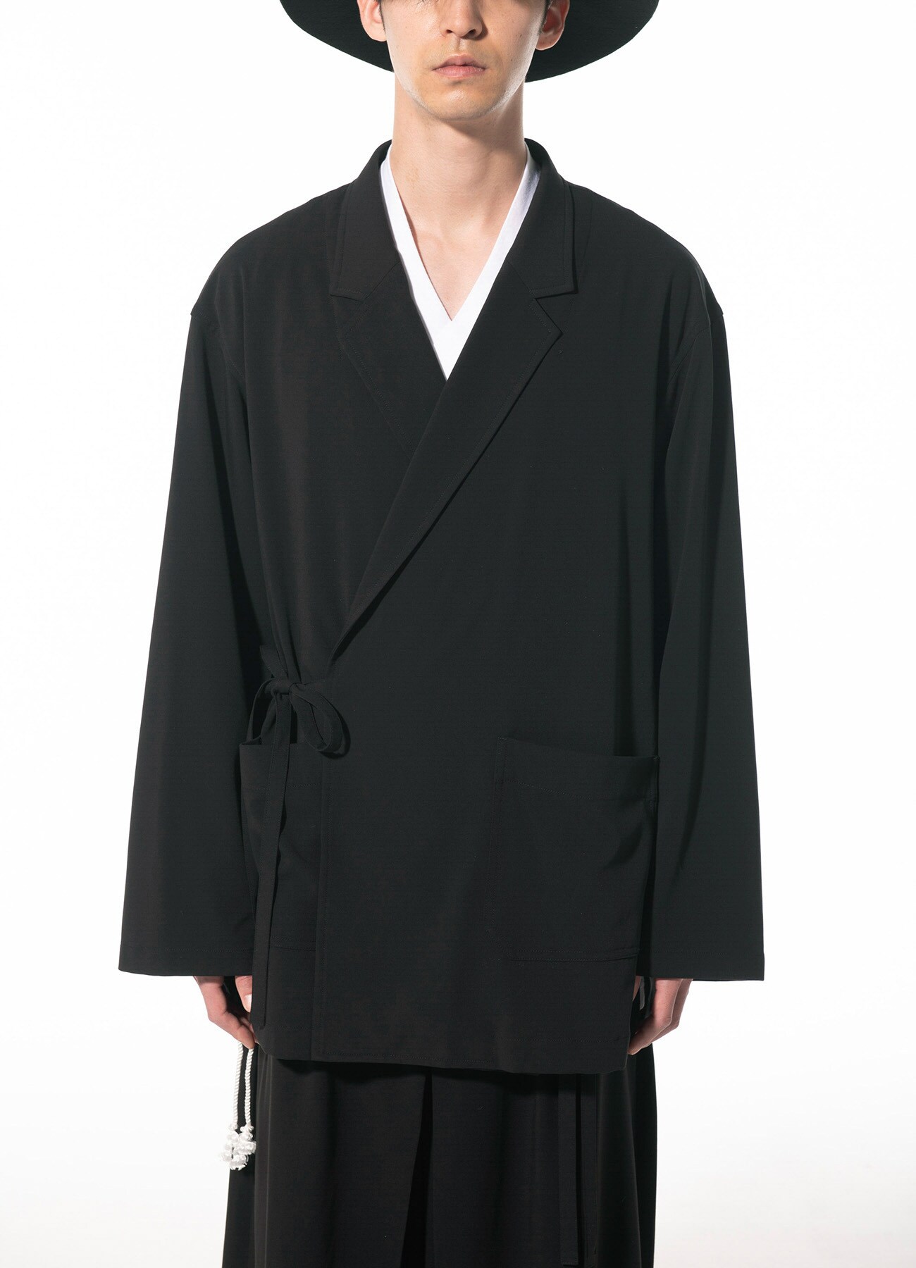 PE/RAYON GABARDINE STRETCH WRAP HAORI TAILORED JACKET(M Black): S