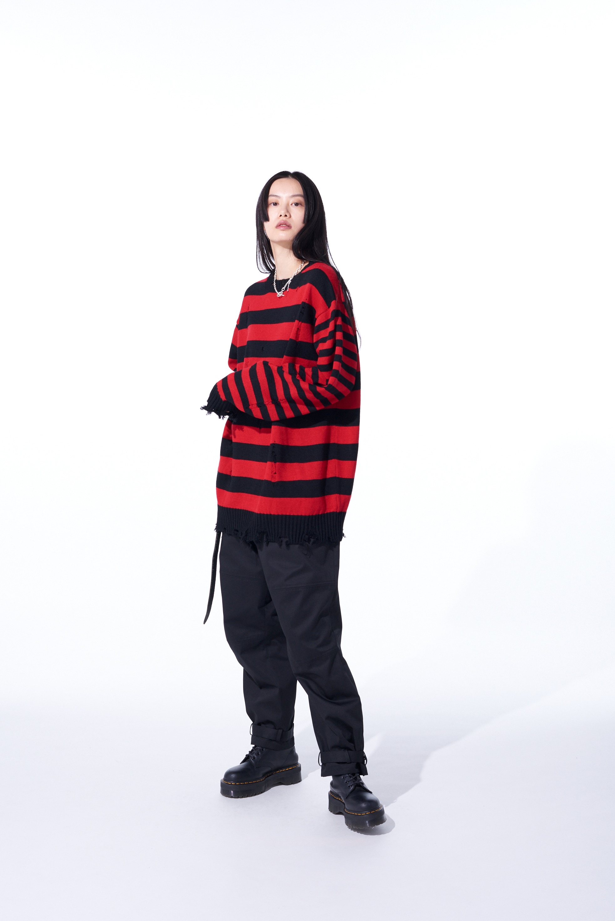 STRIPED PULLOVER KNIT WITH DAMAGED EDGES