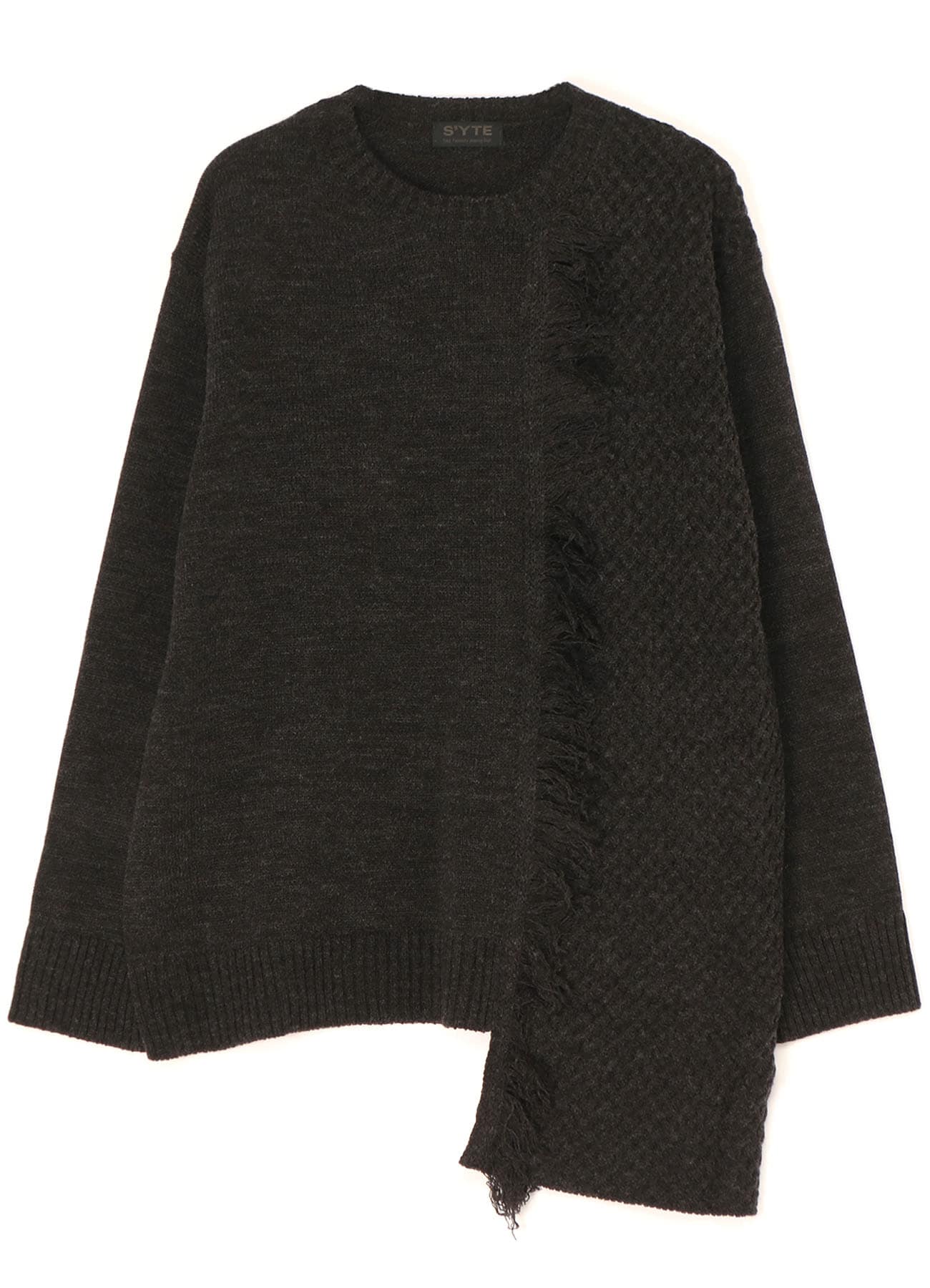 ASYMMETRICAL DESIGN KNIT WITH FRINGE DETAIL SWITCHED TO JACQUARD