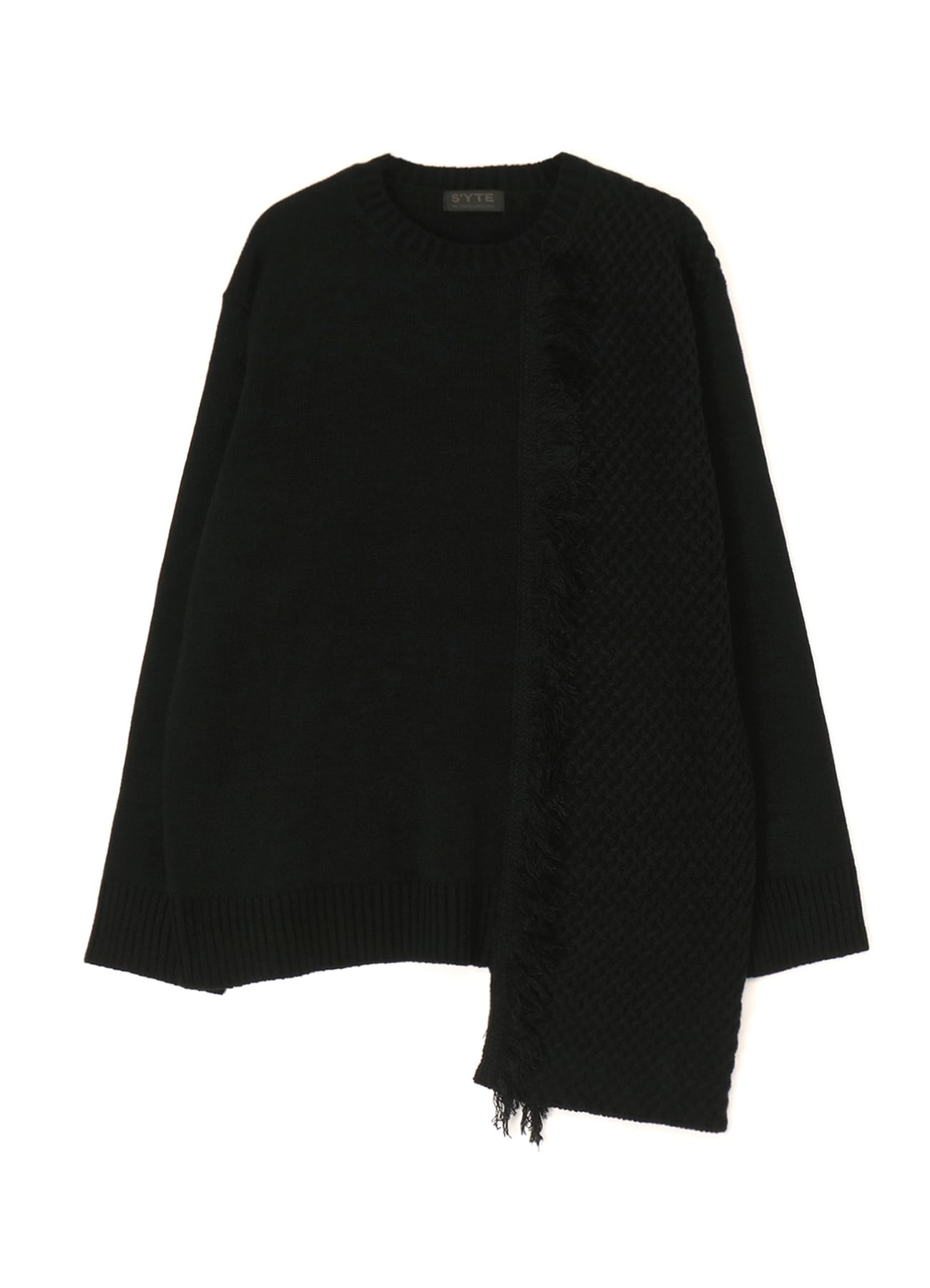 ASYMMETRICAL DESIGN KNIT WITH FRINGE DETAIL SWITCHED TO JACQUARD KNITTING