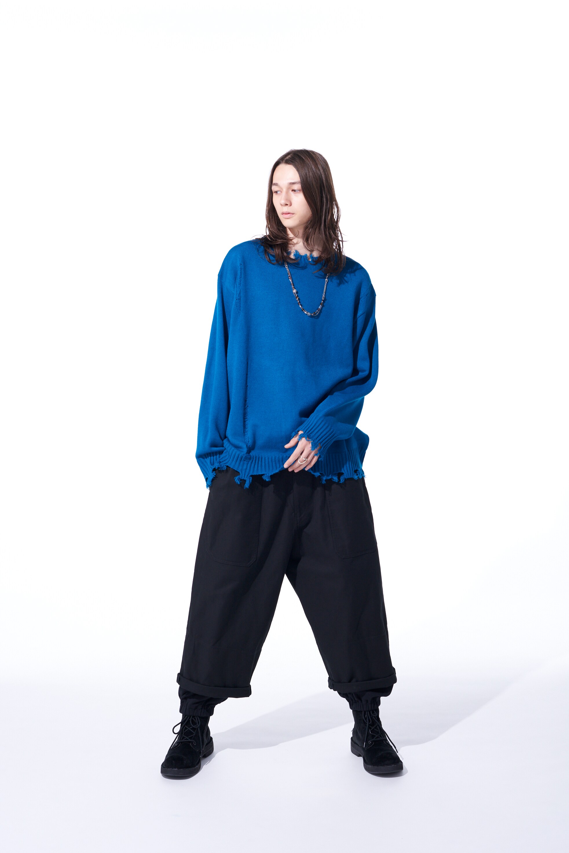 7G BULKY WOOL DAMAGE ROUND NECK PULLOVER(M Marine blue): S'YTE 