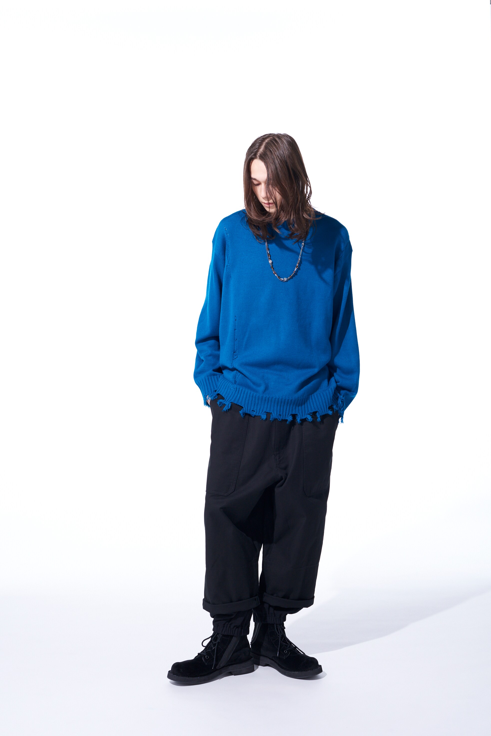7G BULKY WOOL DAMAGE ROUND NECK PULLOVER(M Marine blue): S'YTE