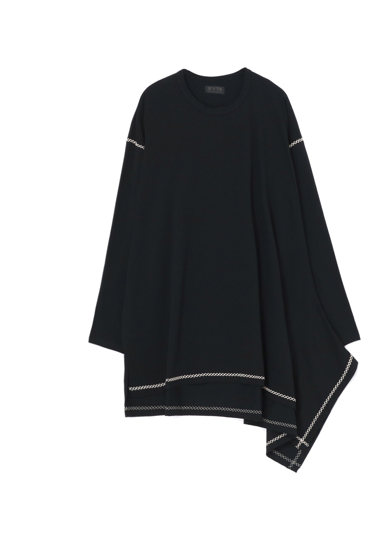 COTTON JERSEY LEFT DRAPE FLARE LONG SLEEVE T-SHIRT with GEOMETRIC STITCHES
