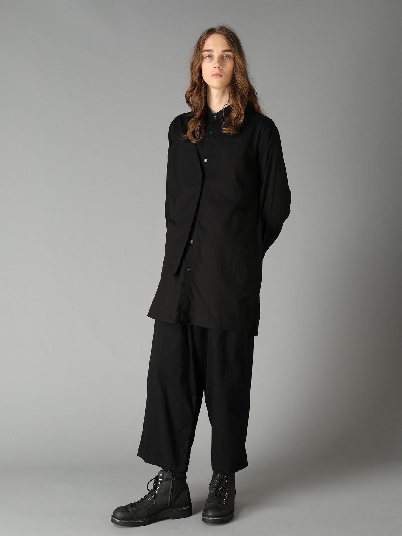 COTTON TWILL VEST-FRONT COLLARLESS SHIRT