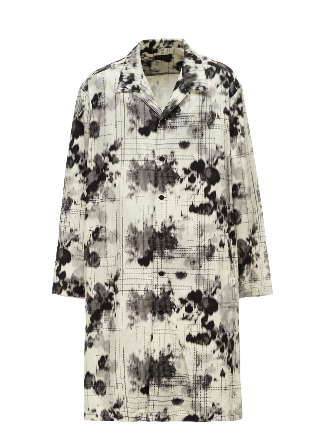 INK-WASH PRINTED LONG SHIRT WITH DECORATIVE STITCH DETAILING