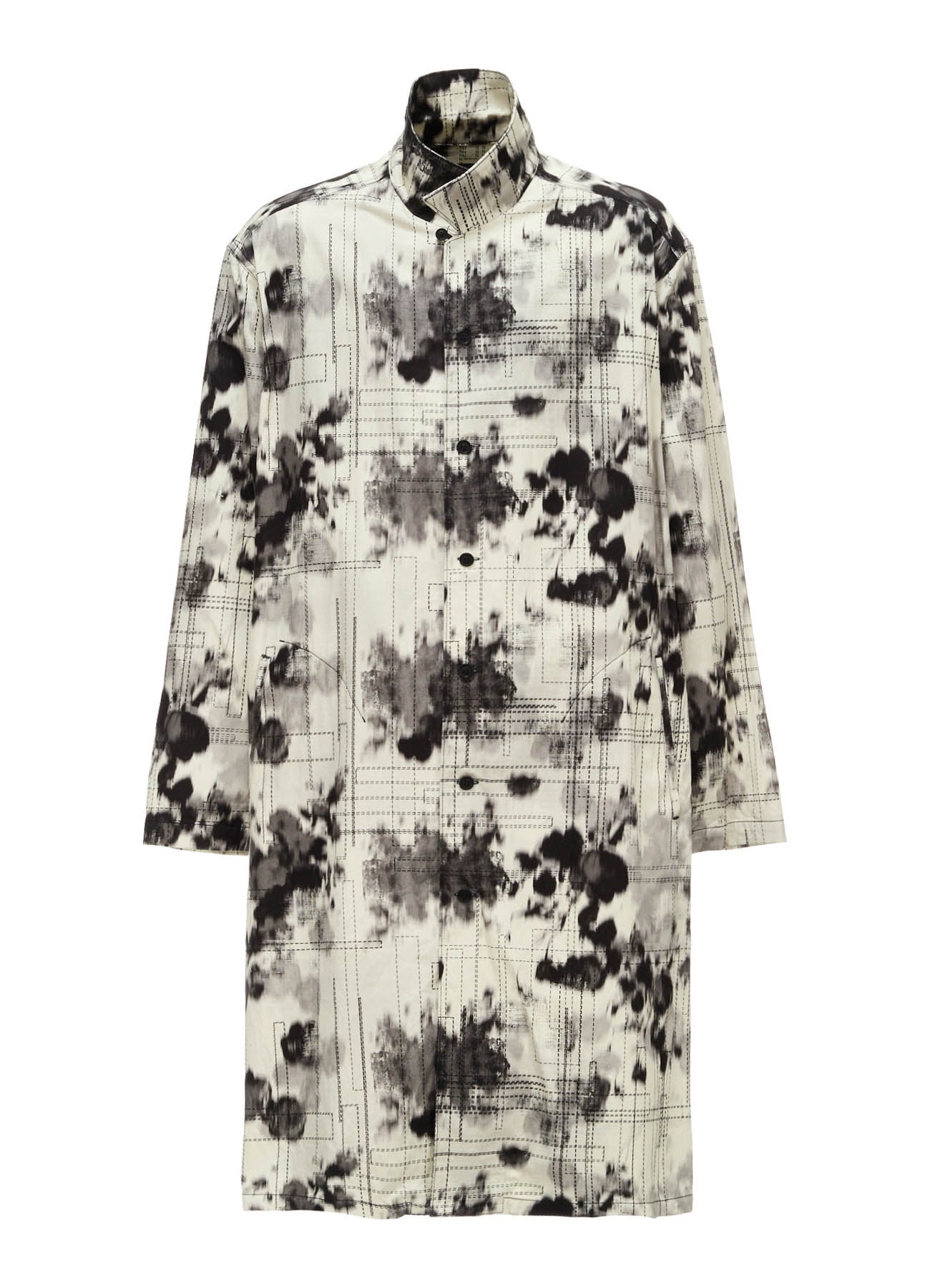 INK-WASH PRINTED LONG SHIRT WITH DECORATIVE STITCH DETAILING