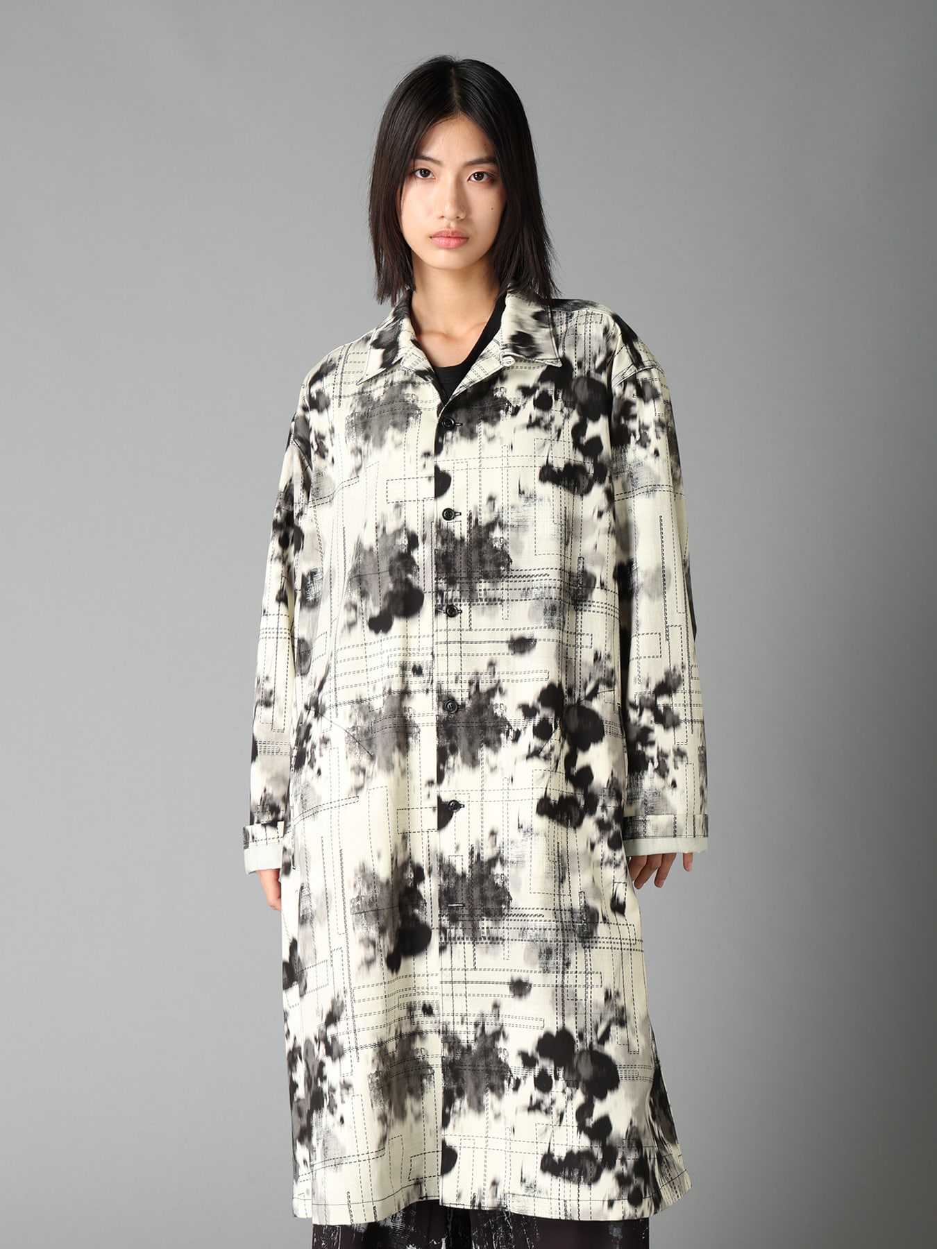 INK-WASH PRINTED LONG SHIRT WITH DECORATIVE STITCH DETAILING