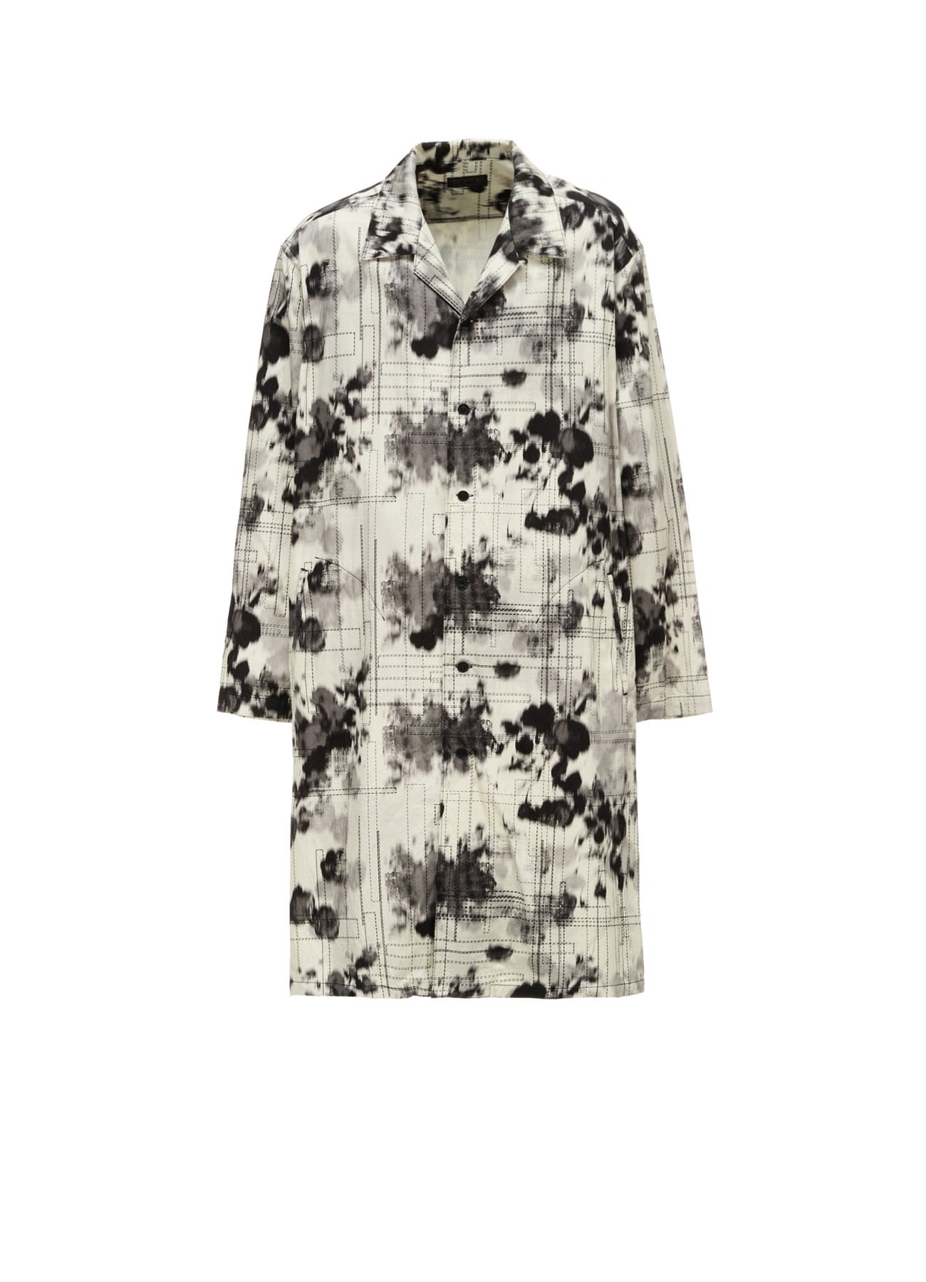 INK-WASH PRINTED LONG SHIRT WITH DECORATIVE STITCH DETAILING