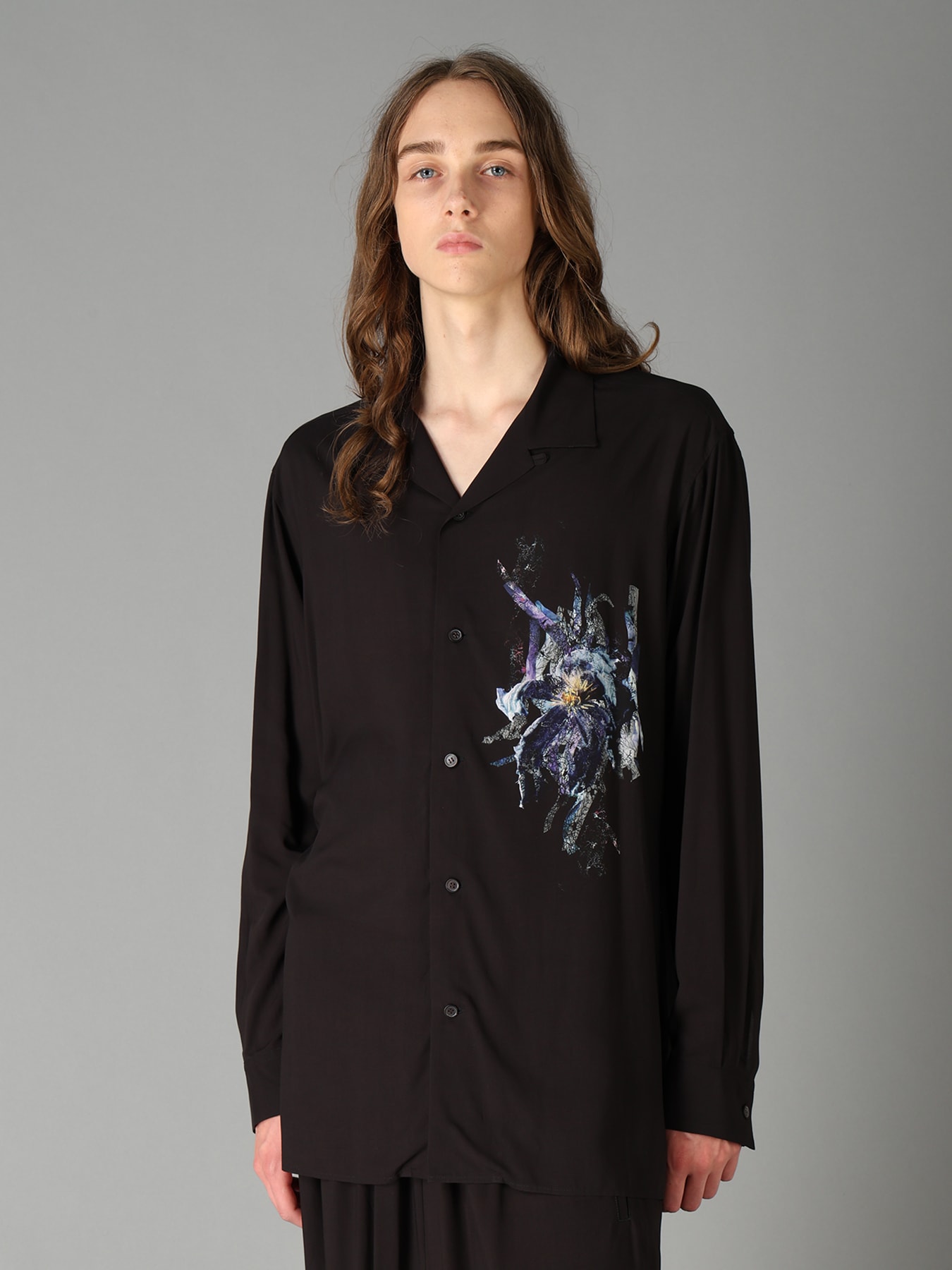 PATCHWORK FLOWER PRINT RAYON OPEN COLLAR SHIRT