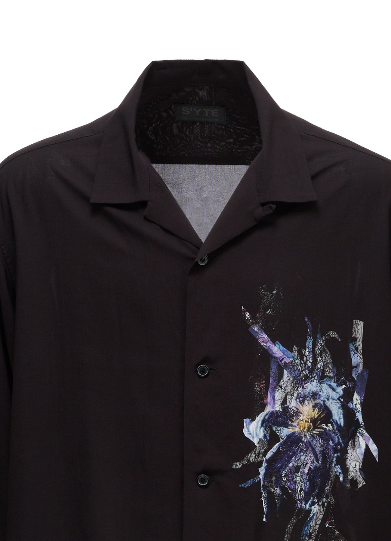 PATCHWORK FLOWER PRINT RAYON OPEN COLLAR SHIRT