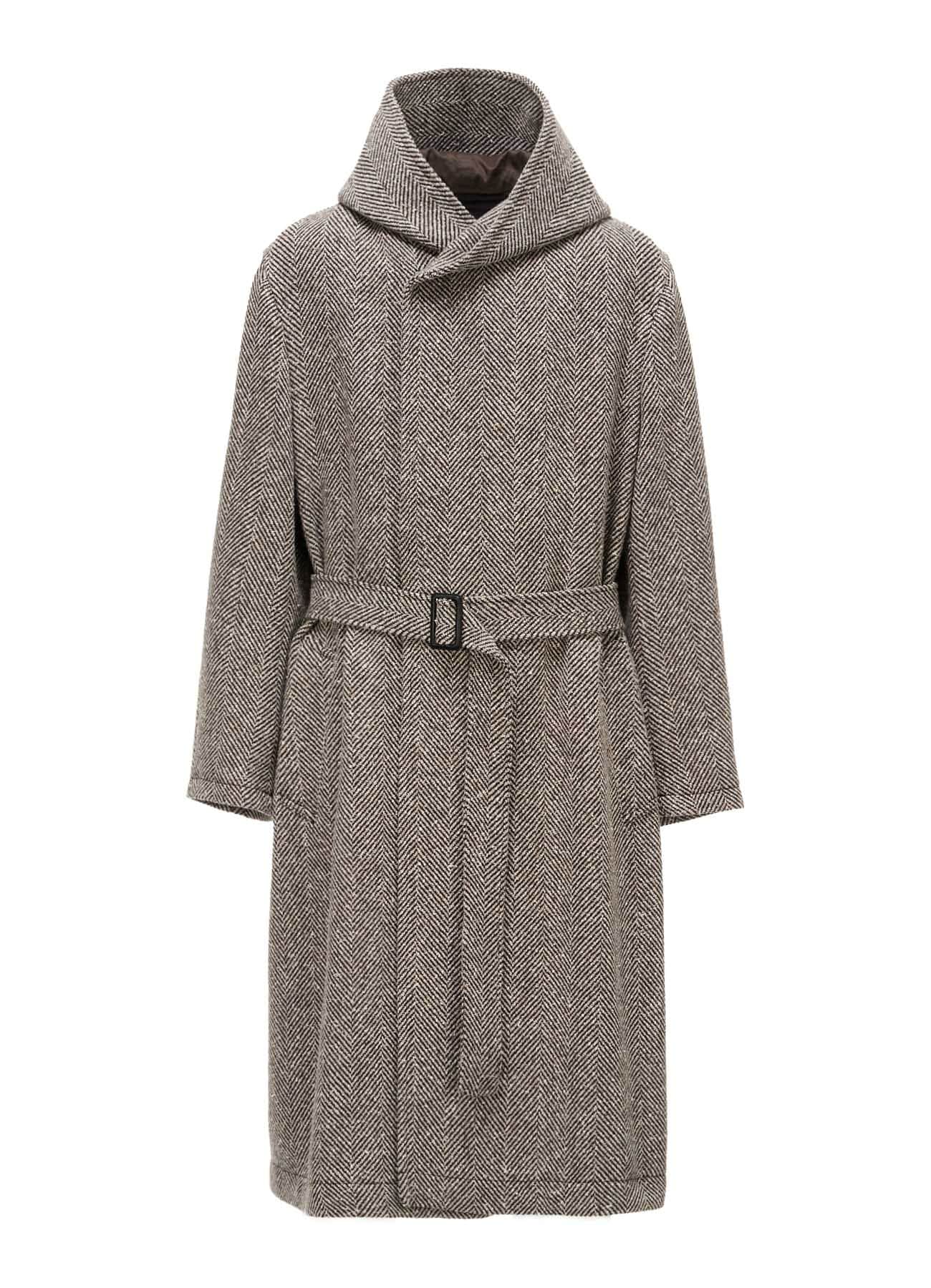 WOOL BLEND ROVING NEP HERRINGBONE HOODED COAT