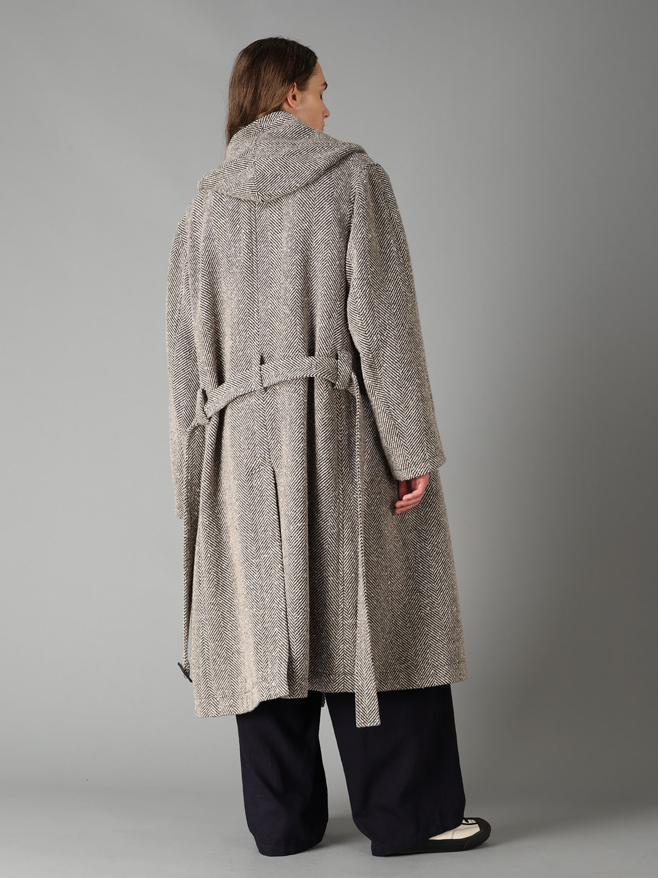 WOOL BLEND ROVING NEP HERRINGBONE HOODED COAT