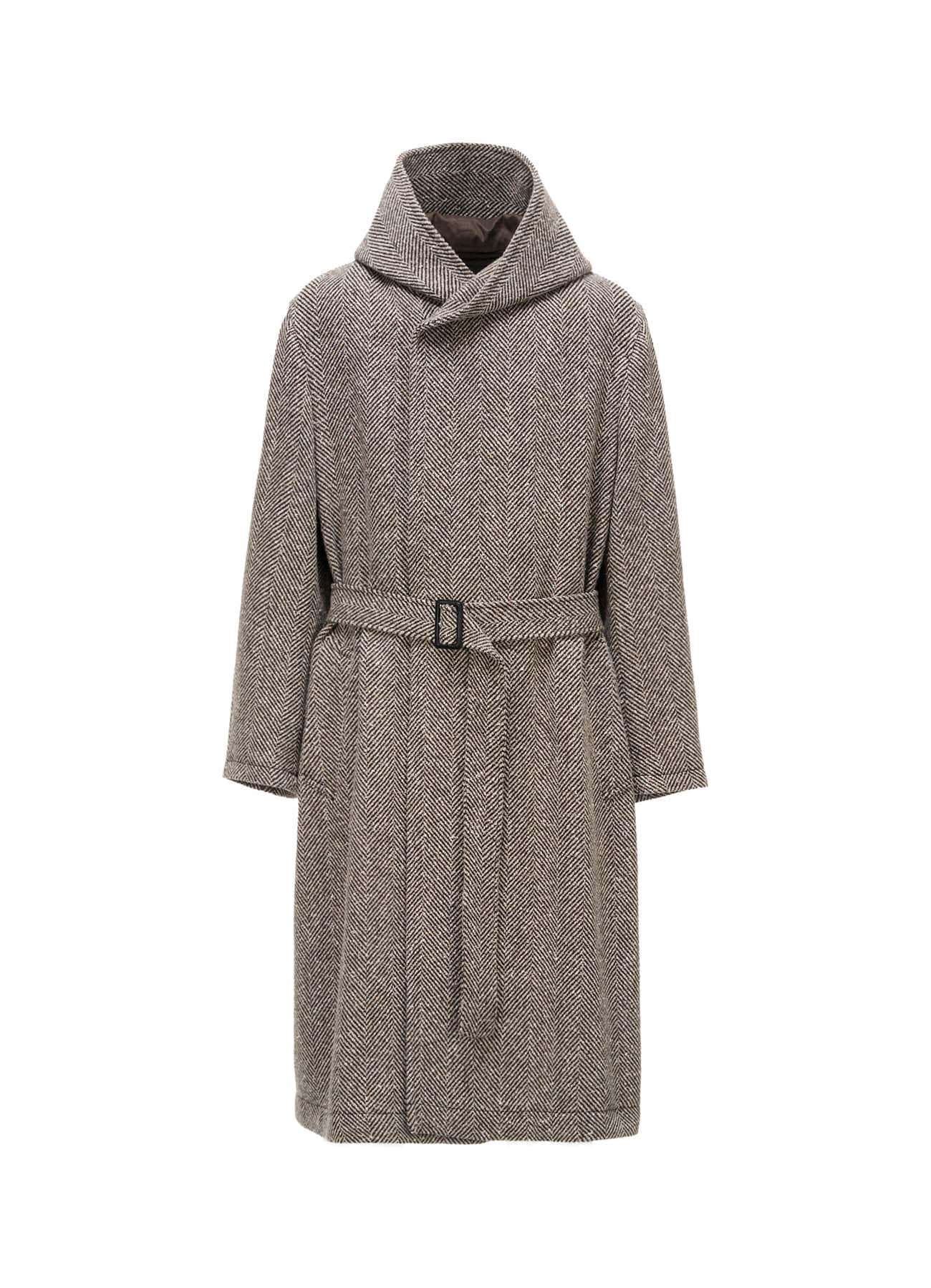WOOL BLEND ROVING NEP HERRINGBONE HOODED COAT