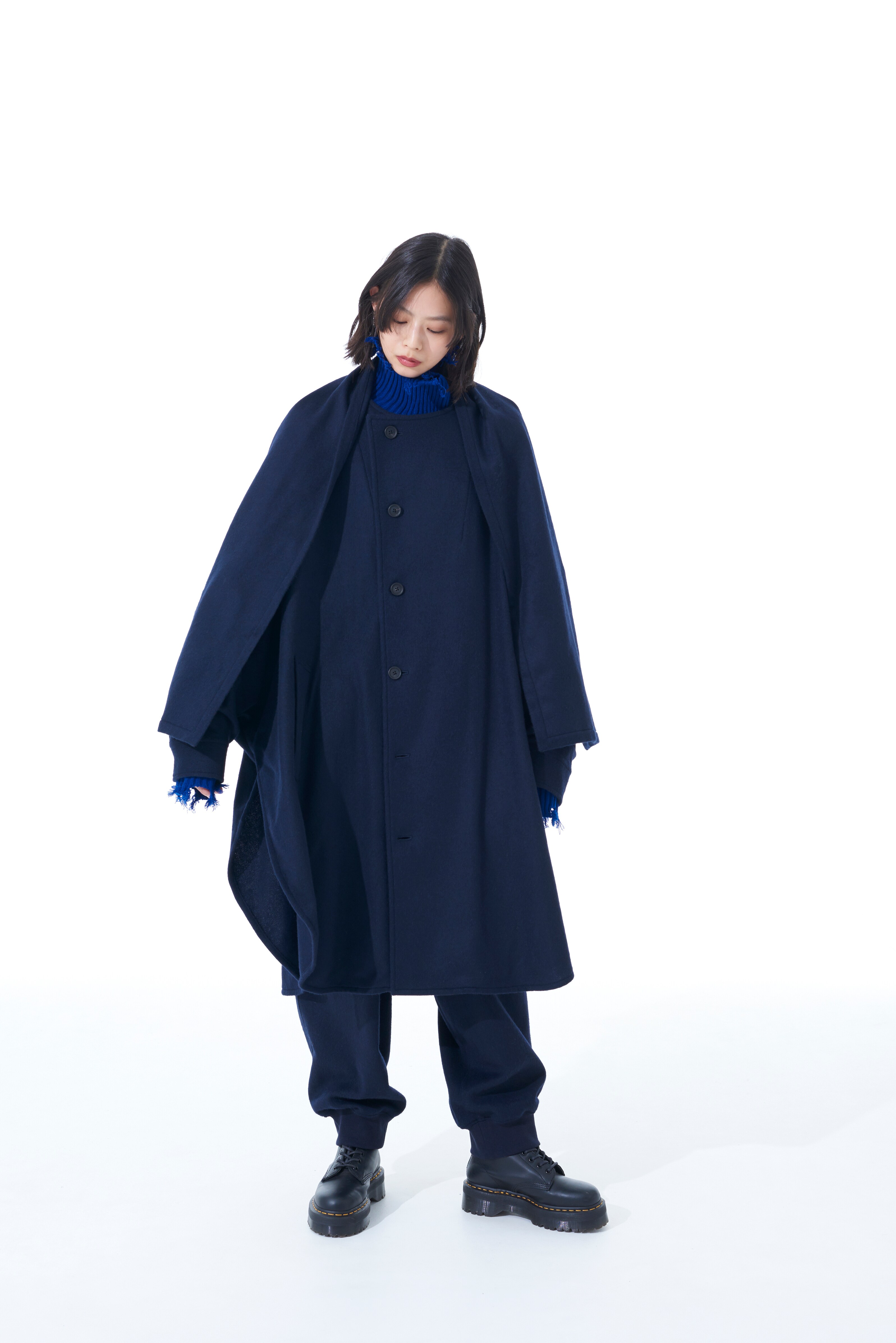 WOOL BEAVER STOLE COLLAR BIG SILHOUETTE COAT(M Navy): S'YTE｜THE