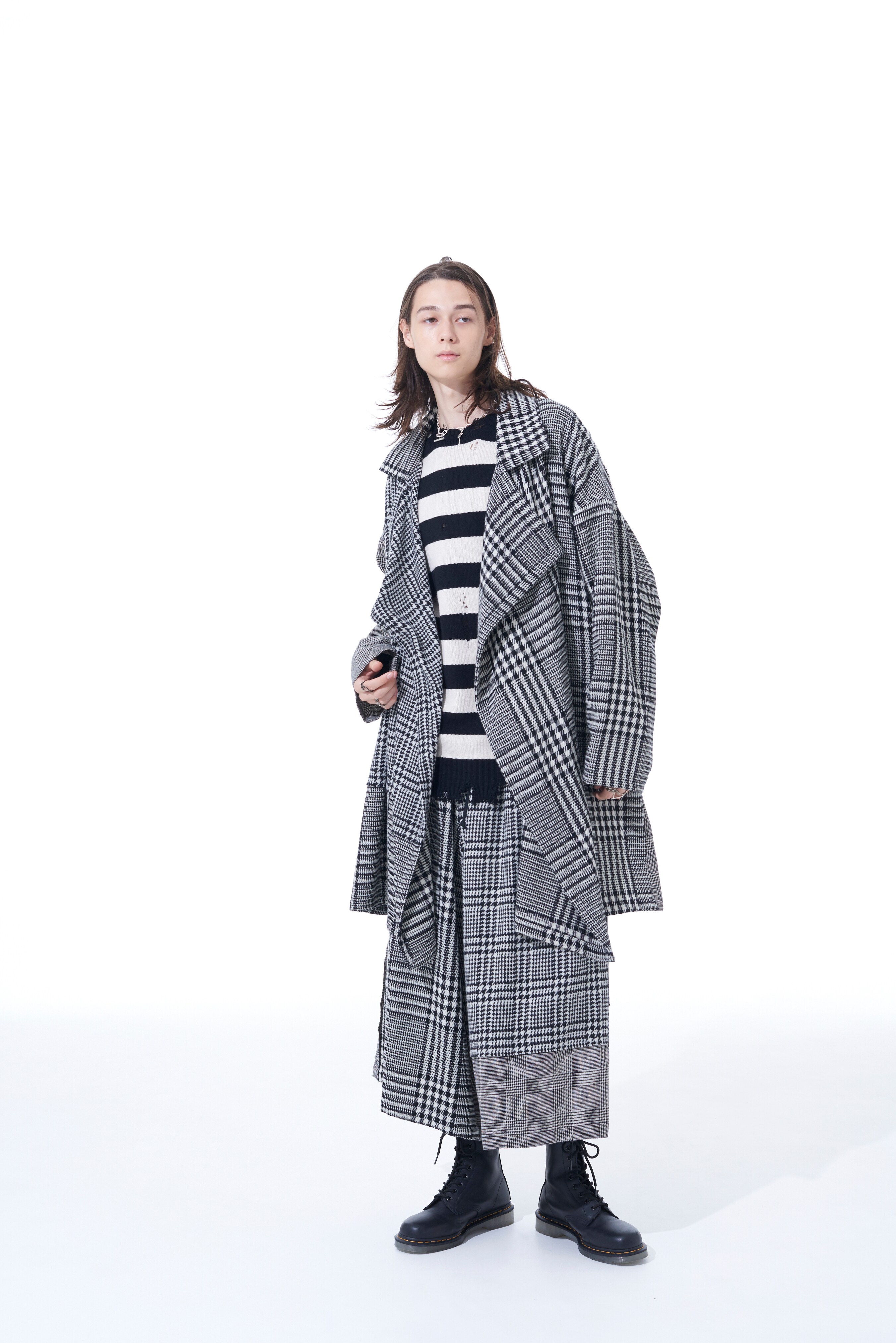 CRAZY CHECK MULTI-MATERIAL SWITCHED DRAPED COAT(M Gray): S'YTE