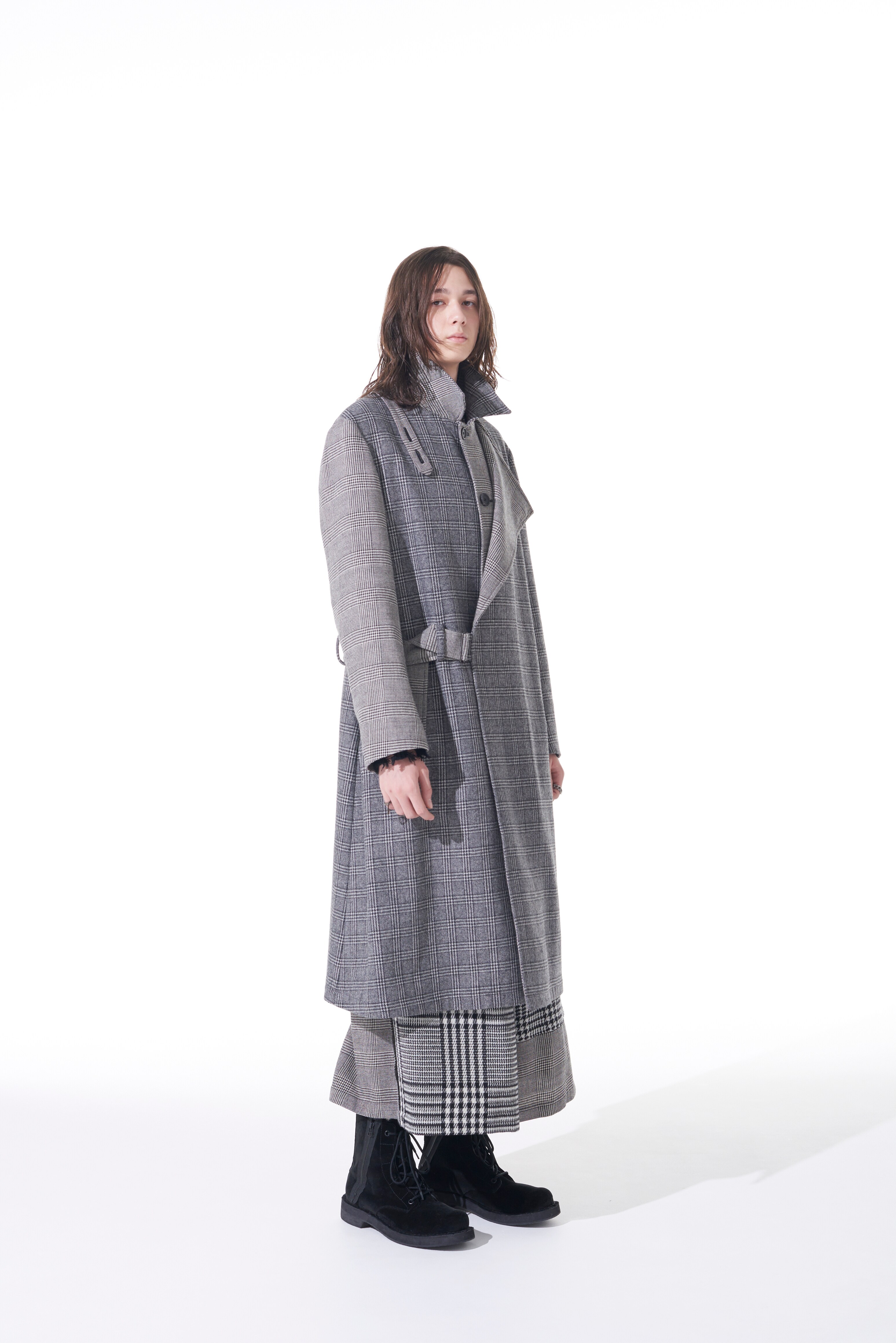 ETERMIN GLEN CHECK PANEL DOUBLE WRAP BELT COAT