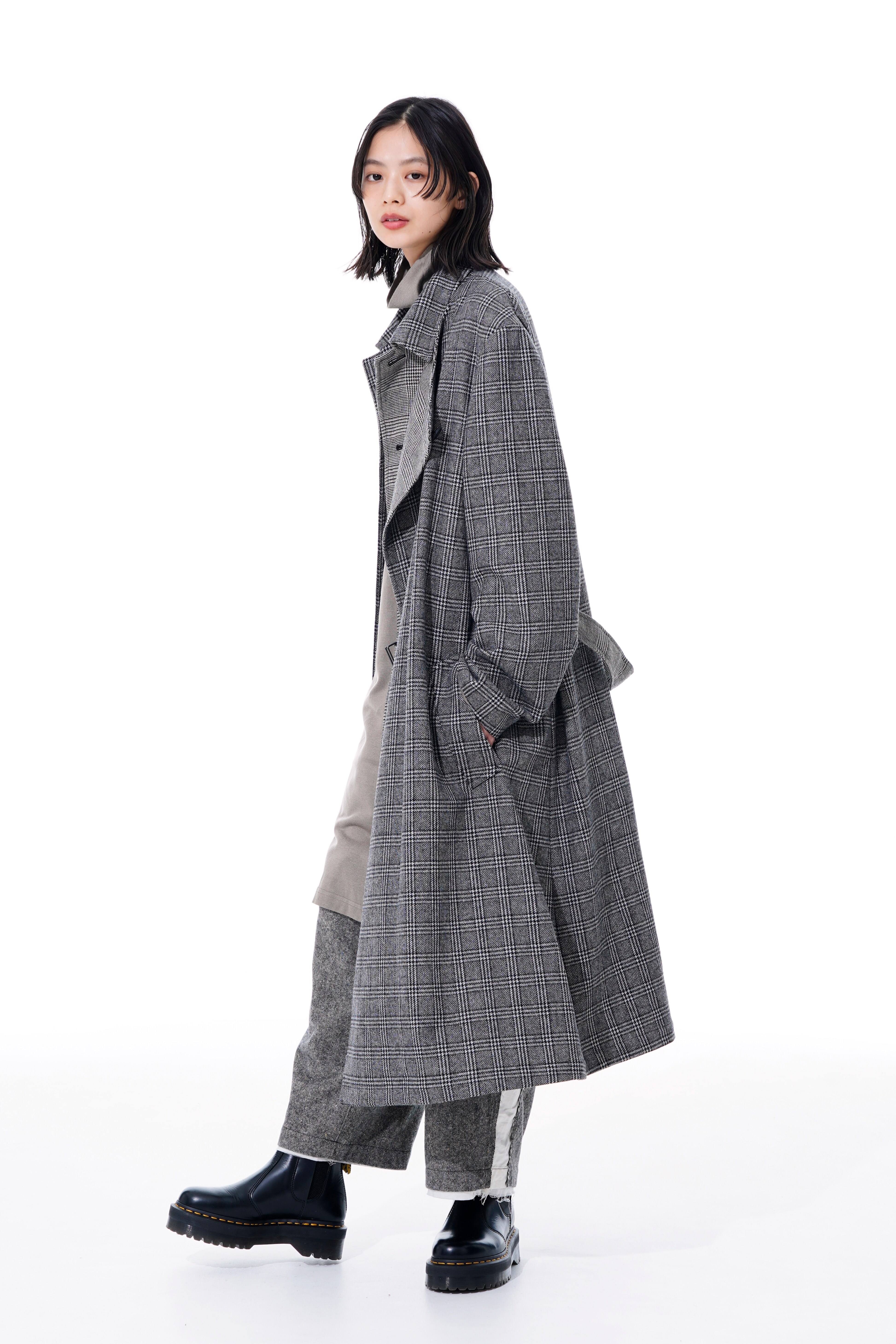 ETERMIN GLEN CHECK PANEL DOUBLE WRAP BELT COAT