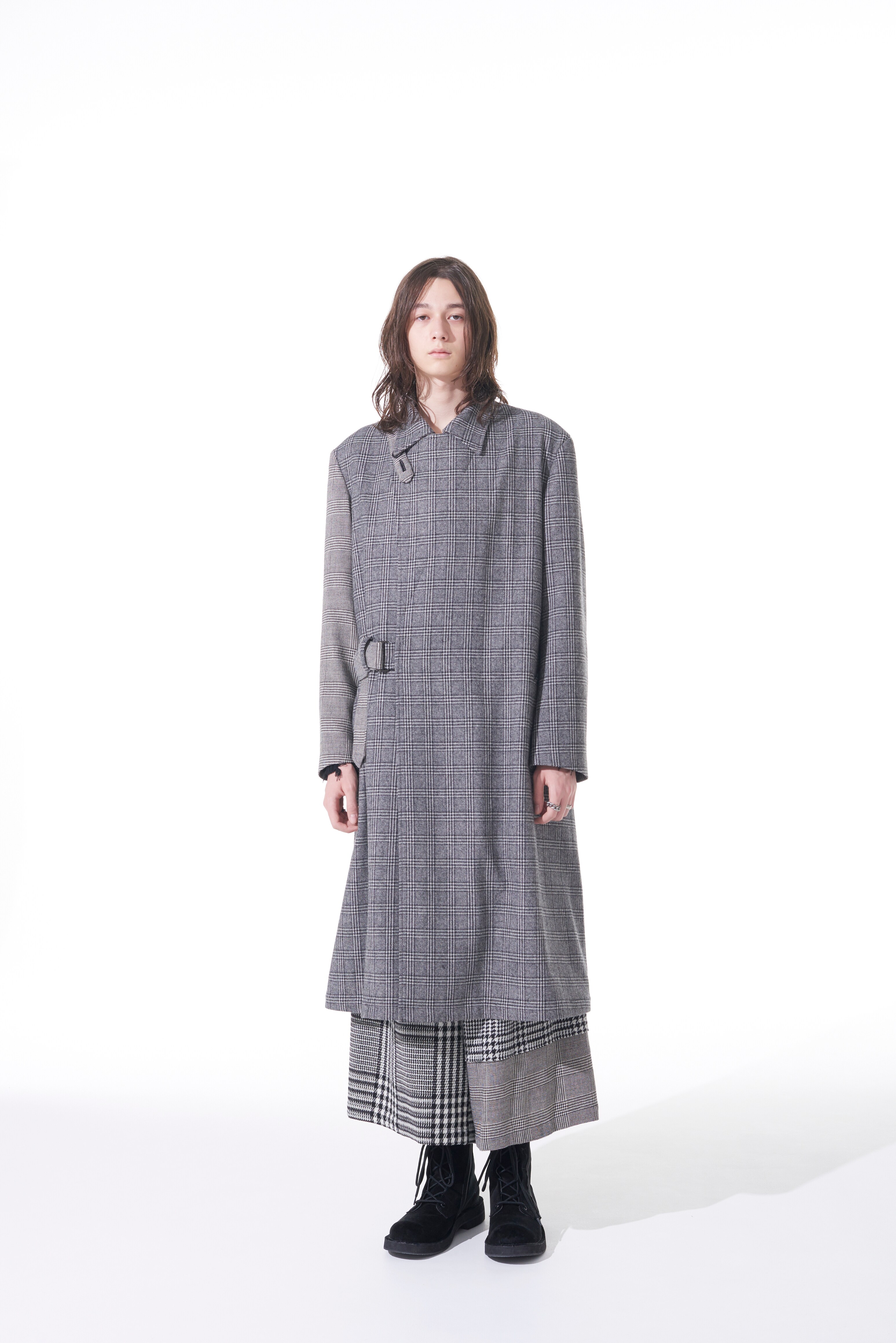 ETERMIN GLEN CHECK PANEL DOUBLE WRAP BELT COAT