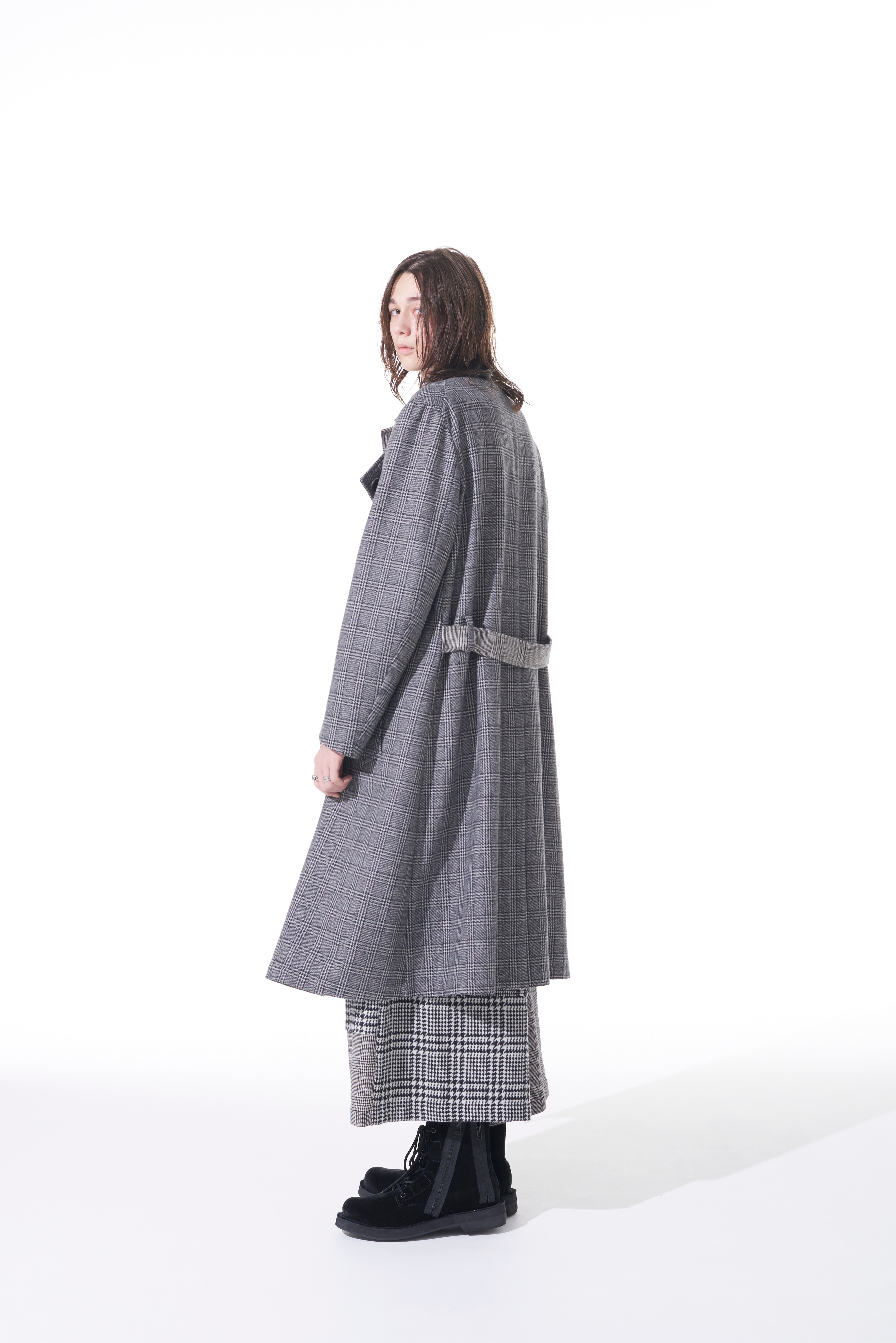 ETERMIN GLEN CHECK PANEL DOUBLE WRAP BELT COAT(M Gray): S'YTE｜THE