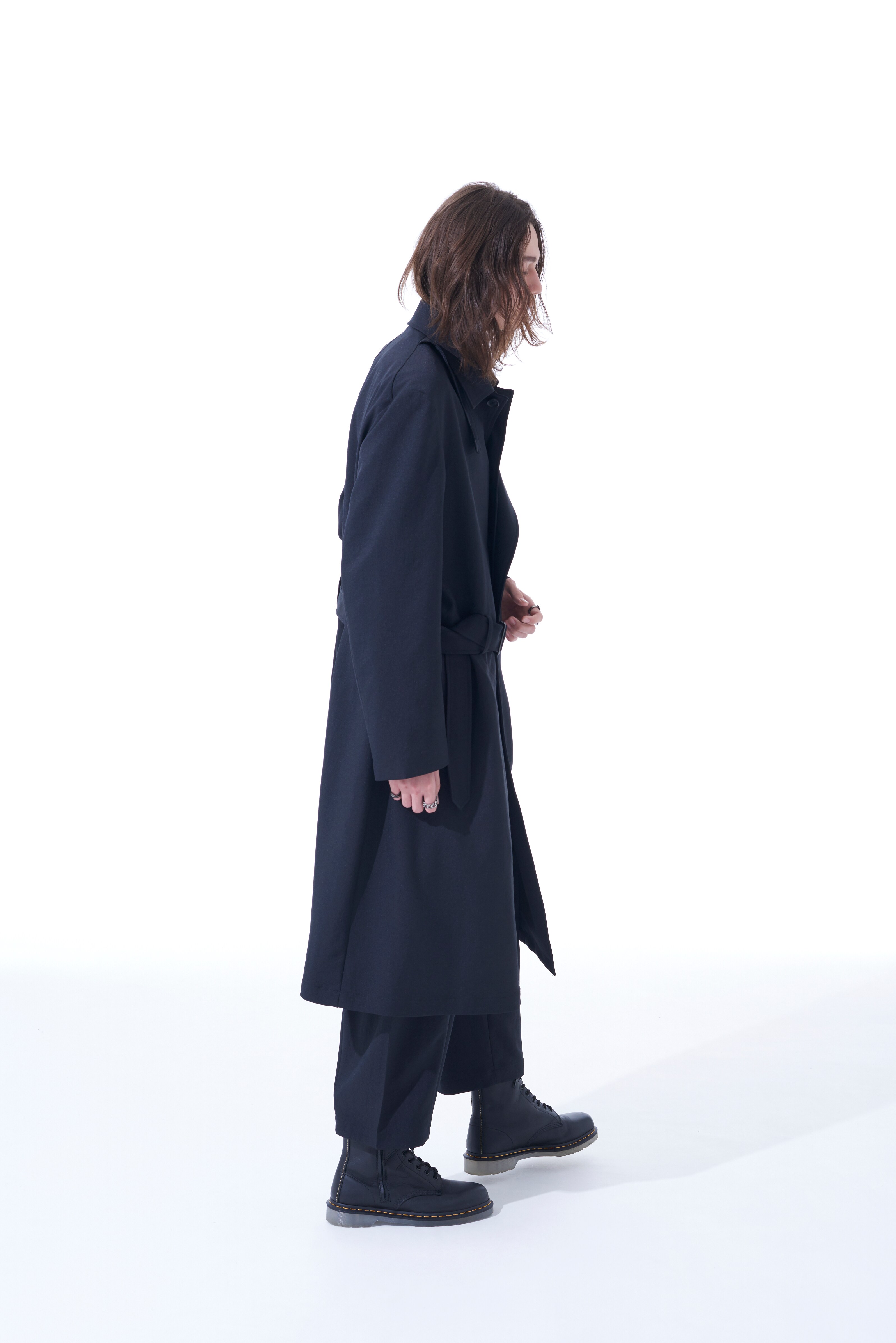 SHIWANOARU POLYESTER STRETCH TWILL DOUBLE WRAP BELT COAT(M Black