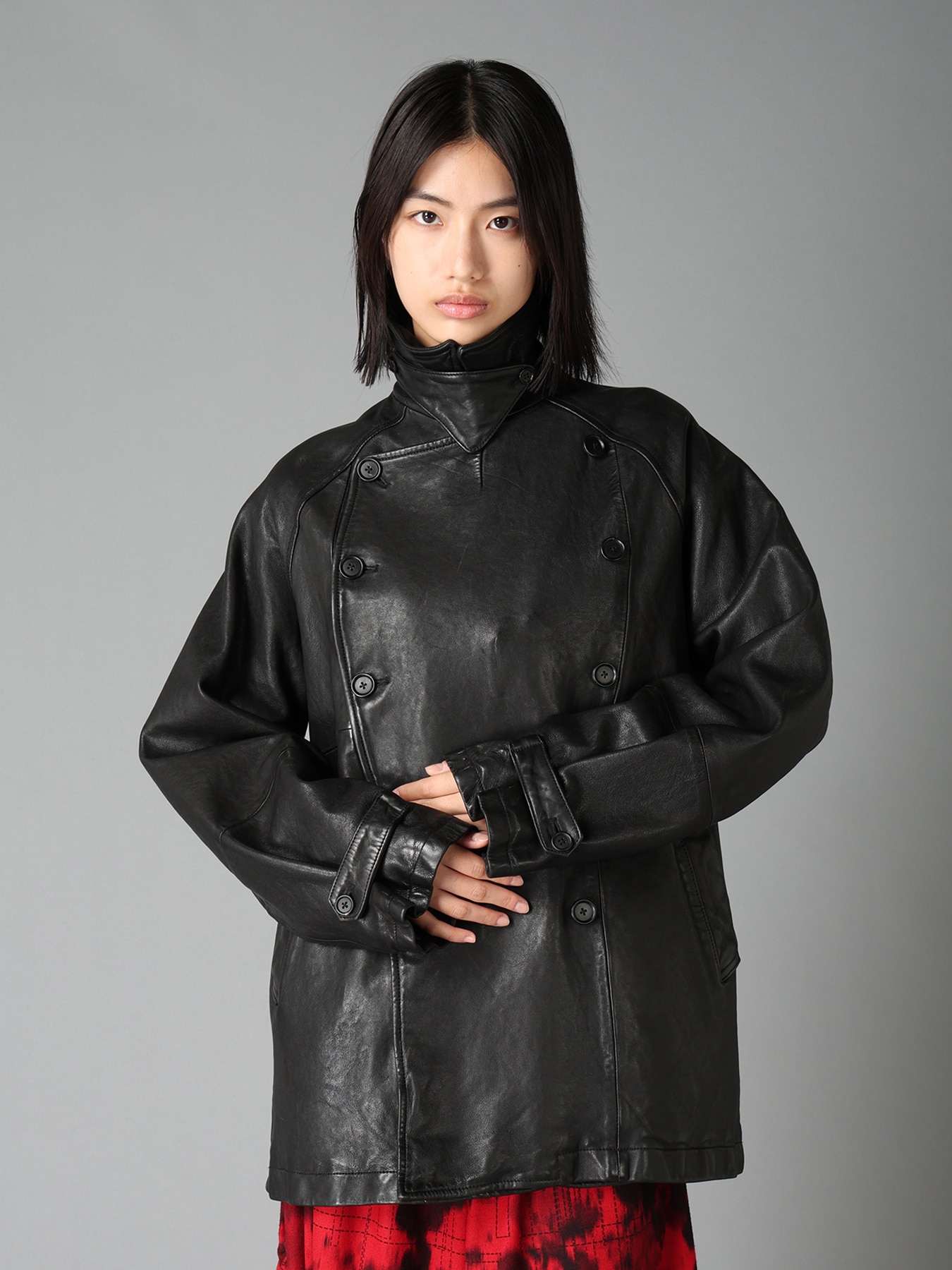 WASHED SHEEP LEATHER DOUBLE-BREASTED MOTORCYCLE JACKET