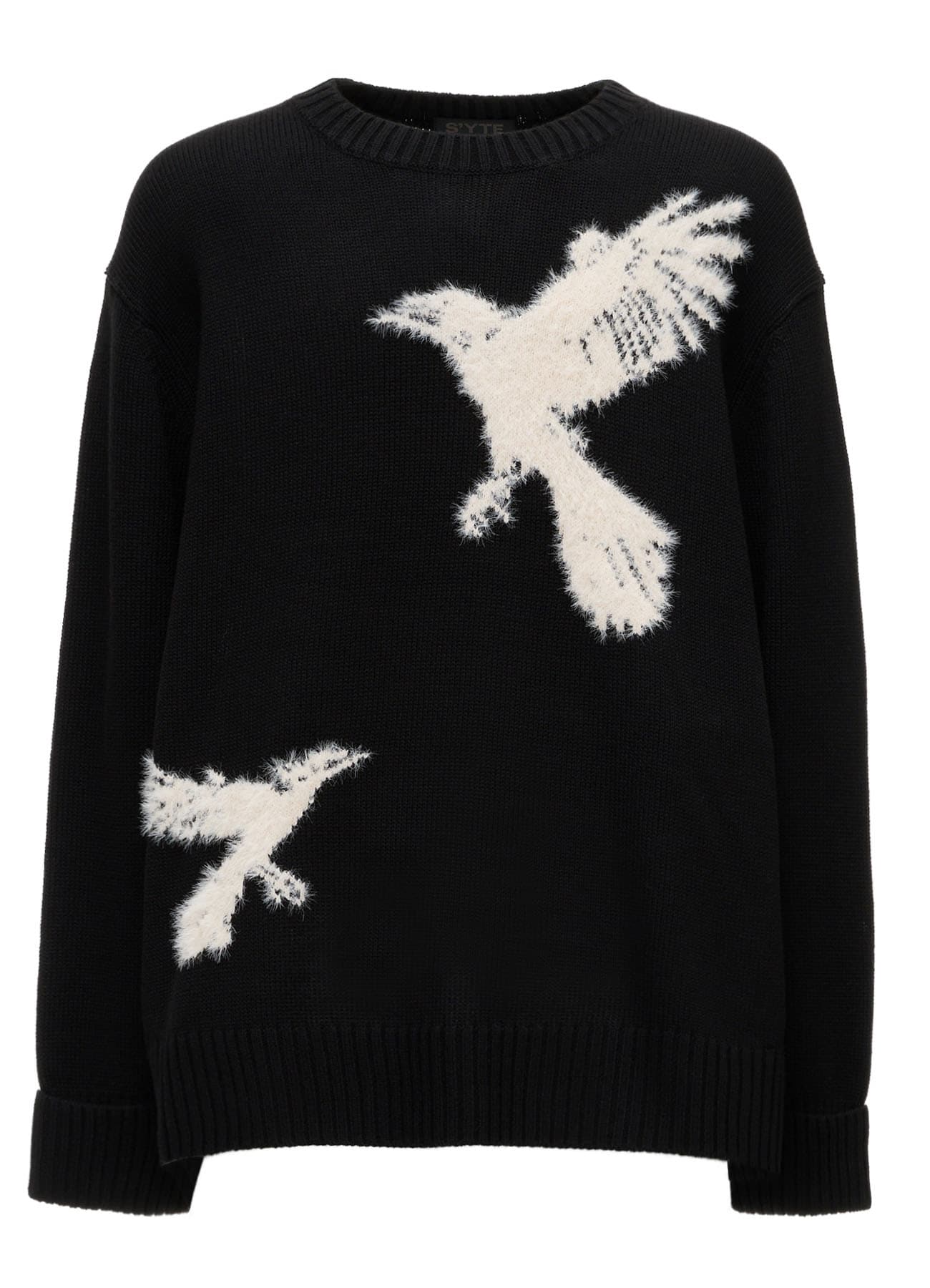 FLOCKED CROW MOTIF KNIT PULLOVER