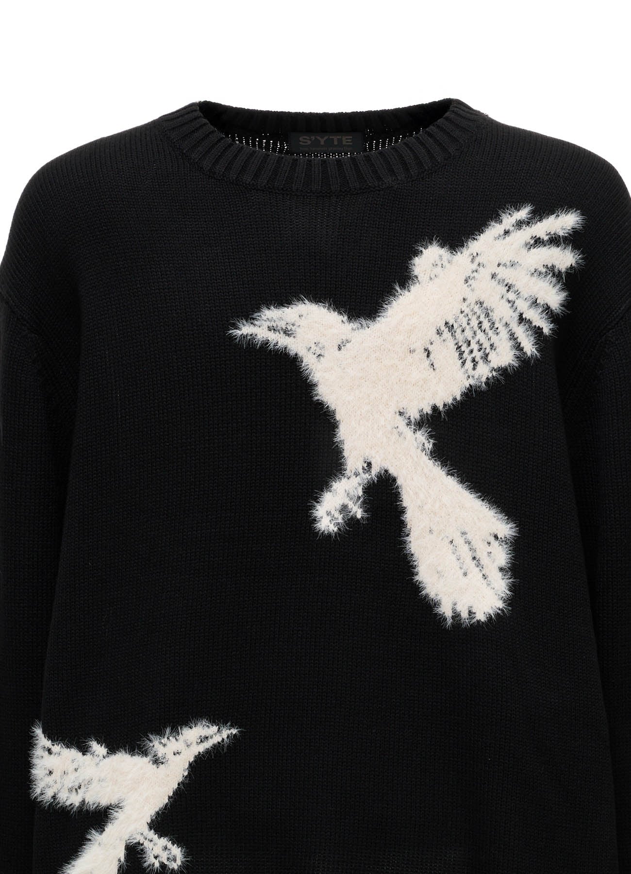 FLOCKED CROW MOTIF KNIT PULLOVER