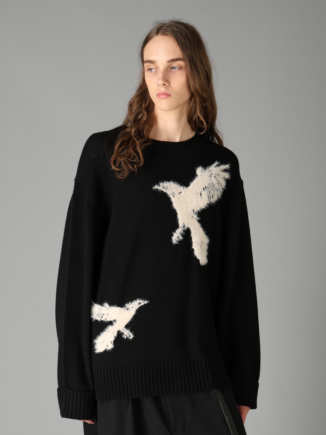 FLOCKED CROW MOTIF KNIT PULLOVER