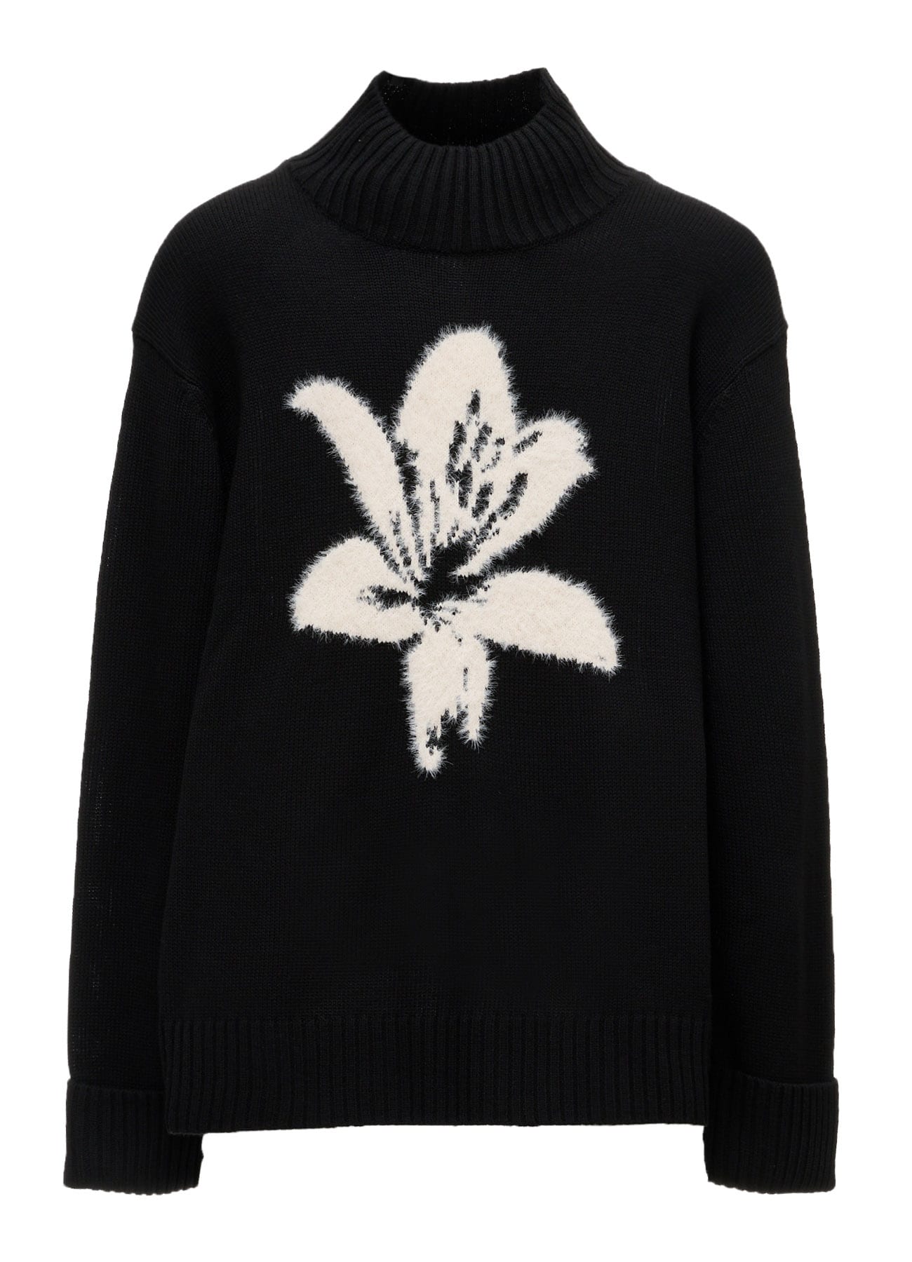 FLOCKED LILY MOTIF KNIT TURTLE NECK PULLOVER
