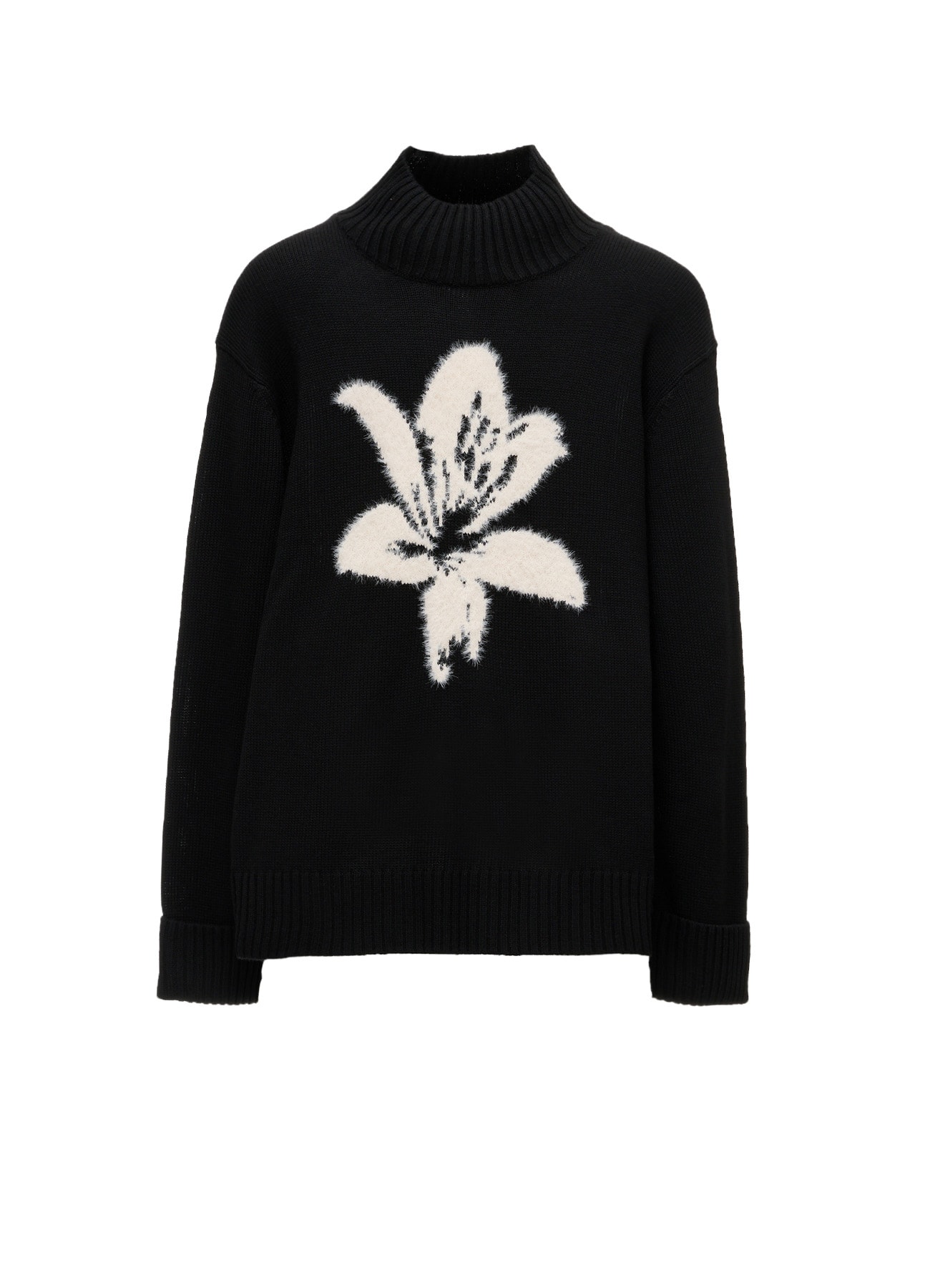FLOCKED LILY MOTIF KNIT TURTLE NECK PULLOVER