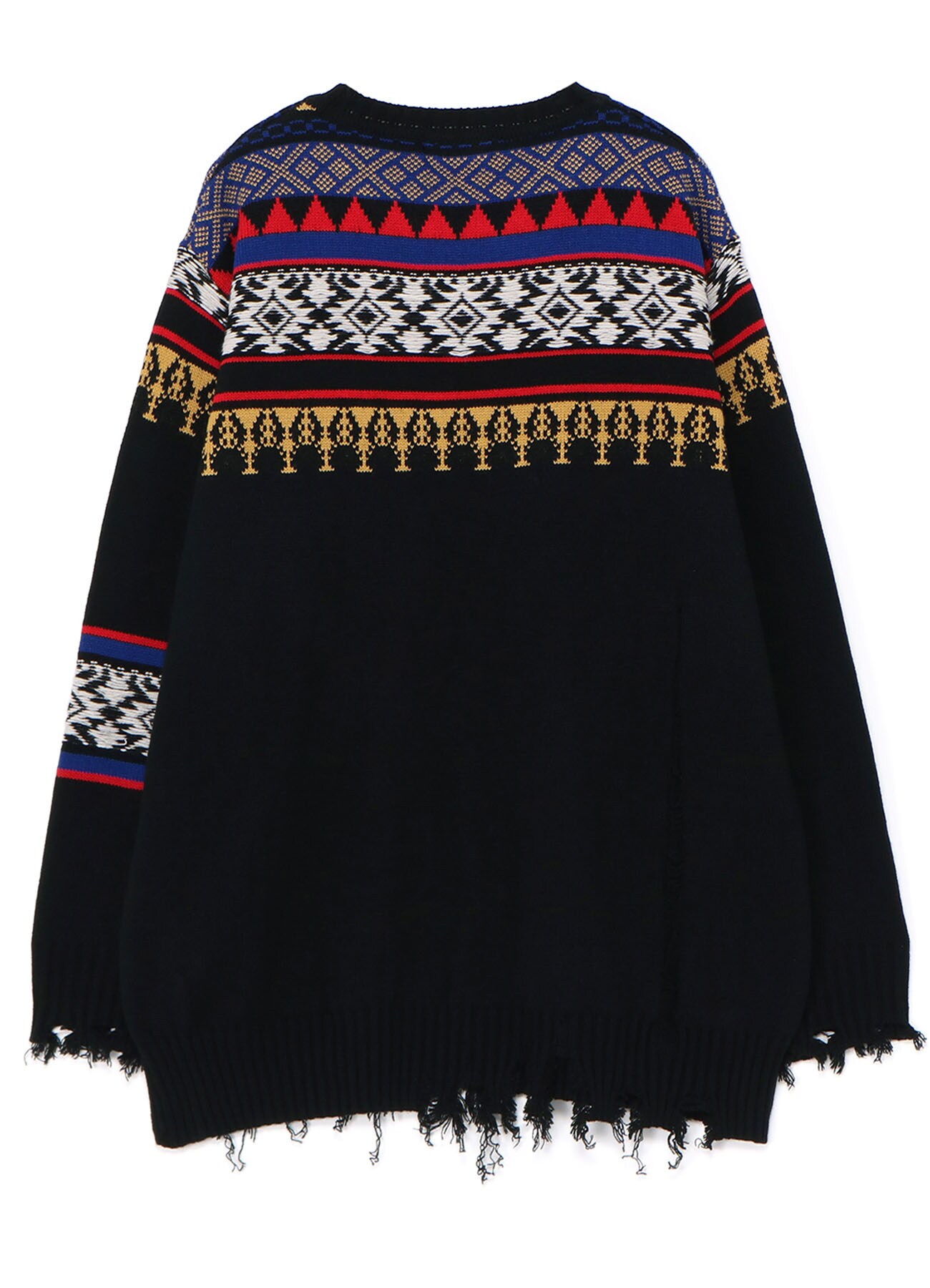 BULKY WOOL NORDIC PATTERN DAMAGED ROUND NECK KNIT(M Black): S'YTE